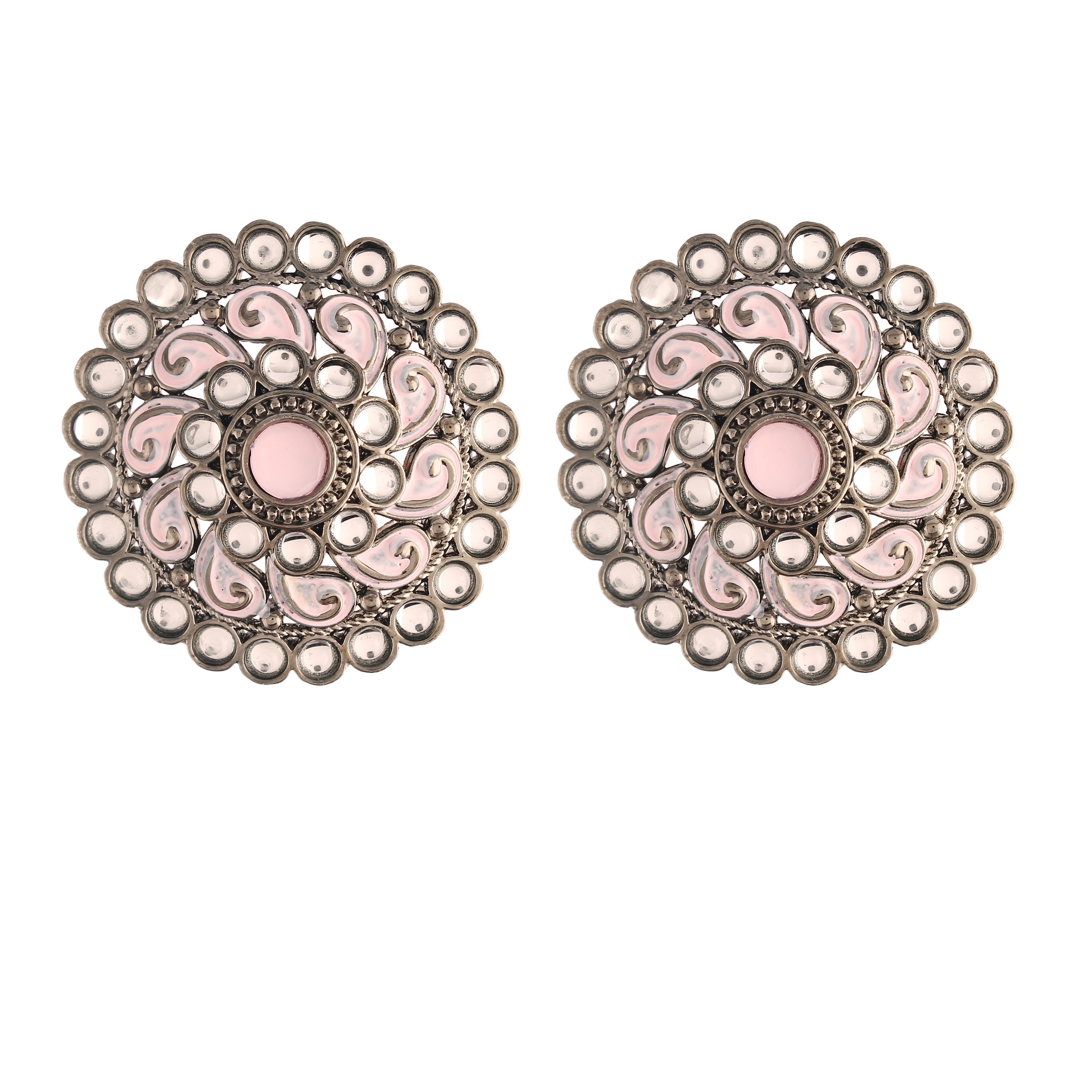 Women's  Pink Silver Oxidized Kundan Studded Meena Work Designer Circular Stud Earrings