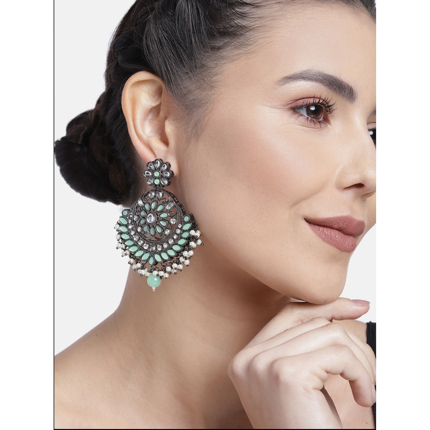 Women's I Jewels 18K Silver Oxidised Traditional Kundan & Stone Studded Chandbali Earrings (E2947Zmin)