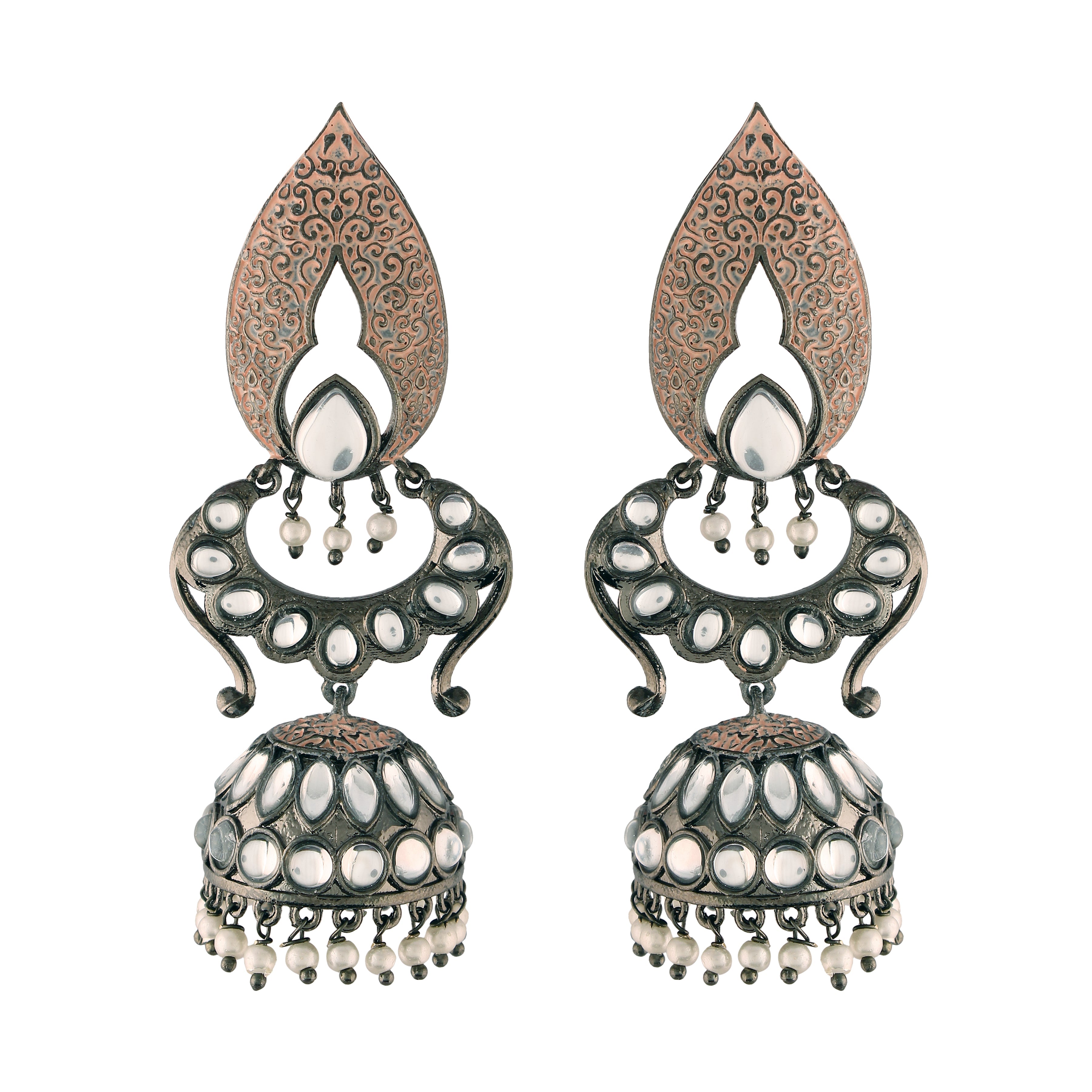 Women's I Jewels 18K Silver Oxidised Traditional Meenakari Kundan & Stone Studded Jhumka Earrings (E2949Zpe)