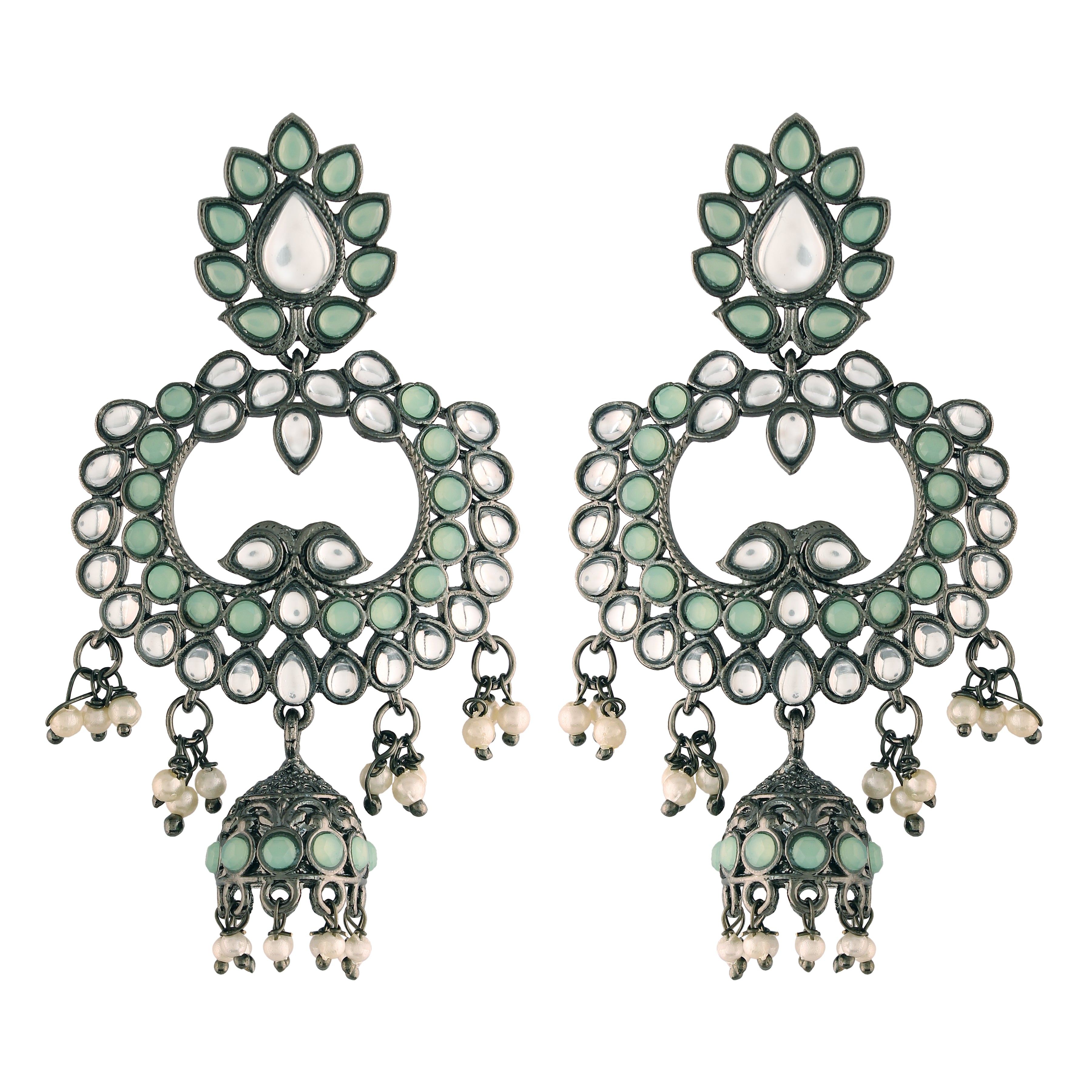Women's I Jewels 18K Silver Oxidised Traditional Kundan & Stone Studded Jhumka Earrings (E2950Zmin)
