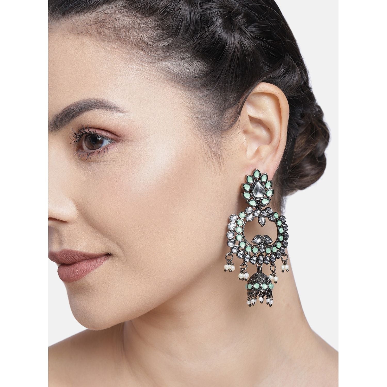 Women's I Jewels 18K Silver Oxidised Traditional Kundan & Stone Studded Jhumka Earrings (E2950Zmin)