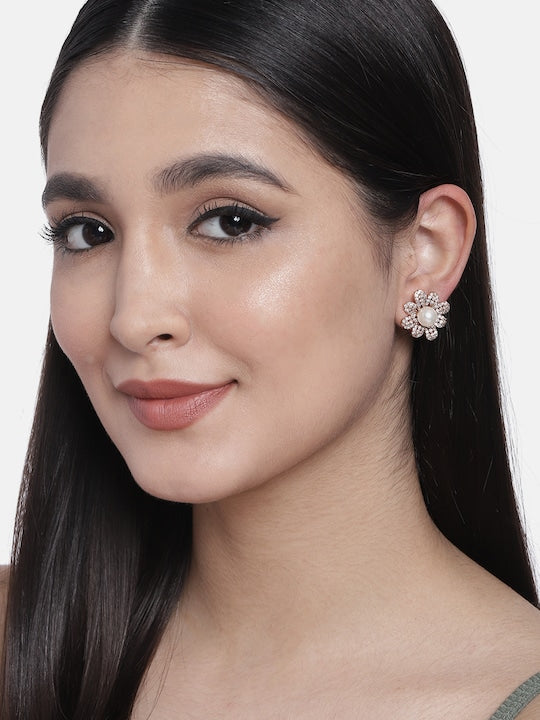 Women's I Jewels Valentine'S Special Rose Gold-Plated & White Floral Studs Earrings (E2974)
