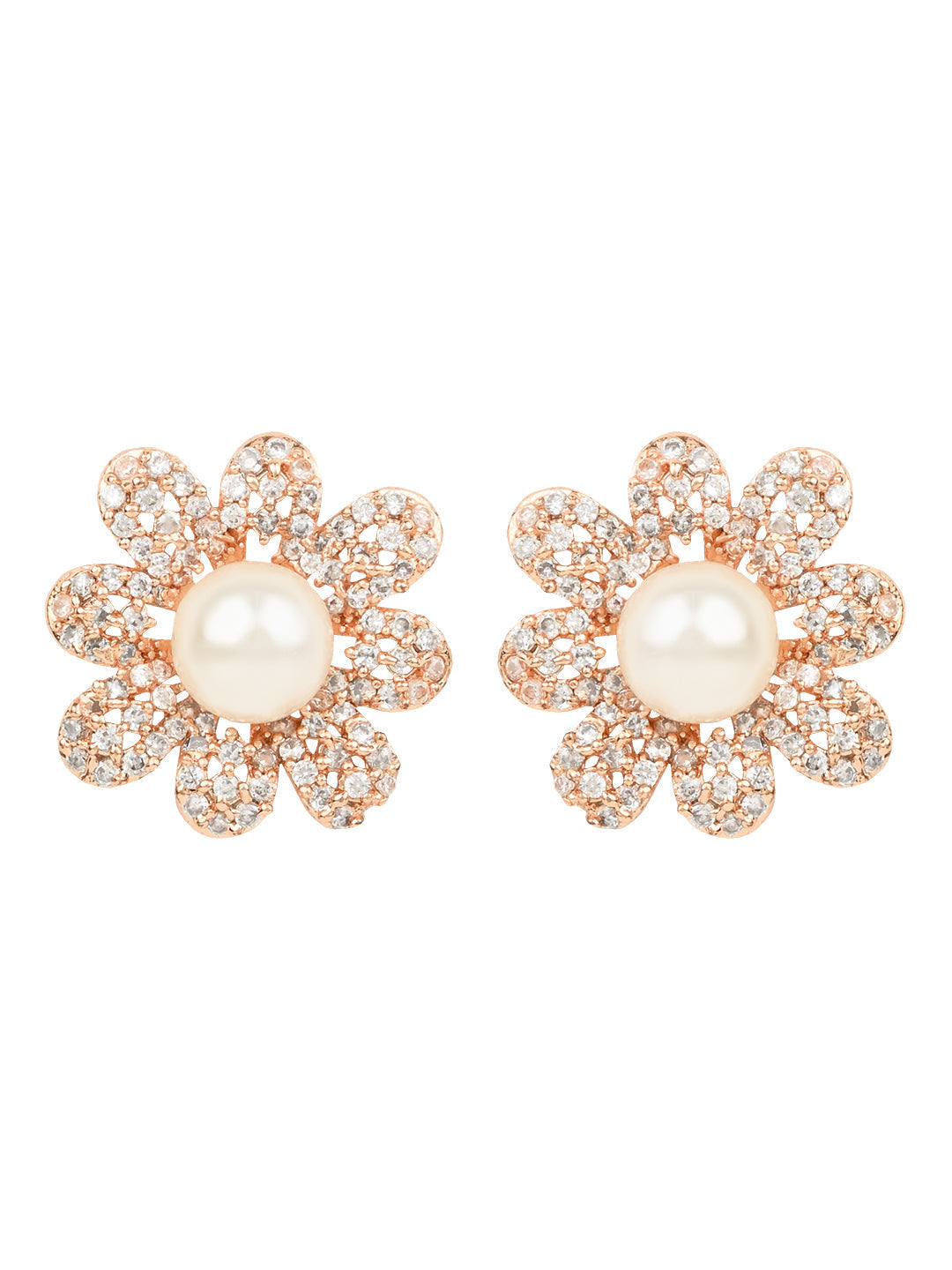 Women's I Jewels Valentine'S Special Rose Gold-Plated & White Floral Studs Earrings (E2974)