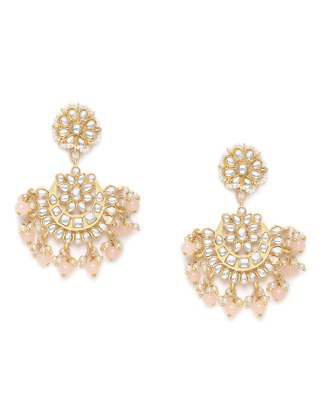 Women's  Gold Plated Matt Finish Peach Chandbali Earrings Handcrafted Kundan & Pearl