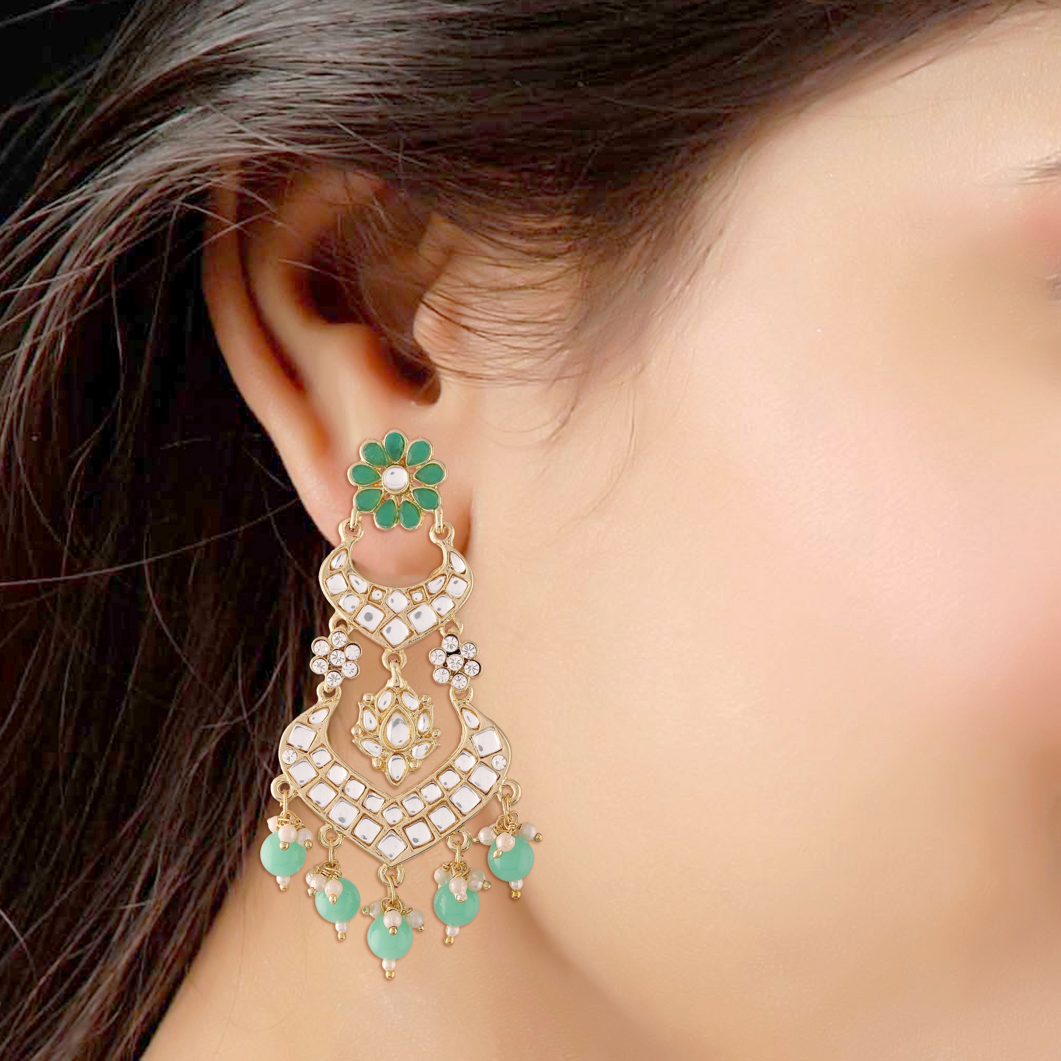 Women's  Gold Plated Mint Handcrafted Earring Glided With Kundan & Pearls