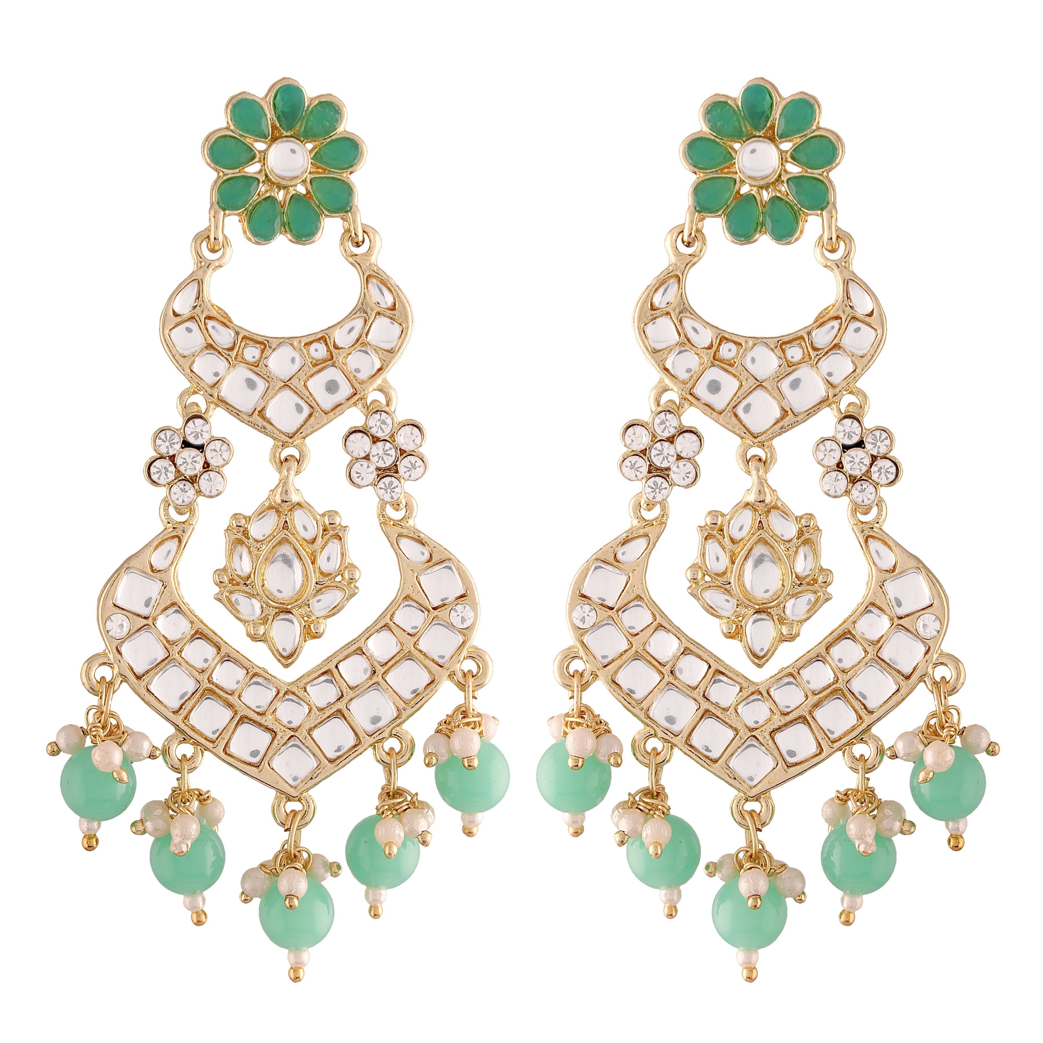 Women's  Gold Plated Mint Handcrafted Earring Glided With Kundan & Pearls
