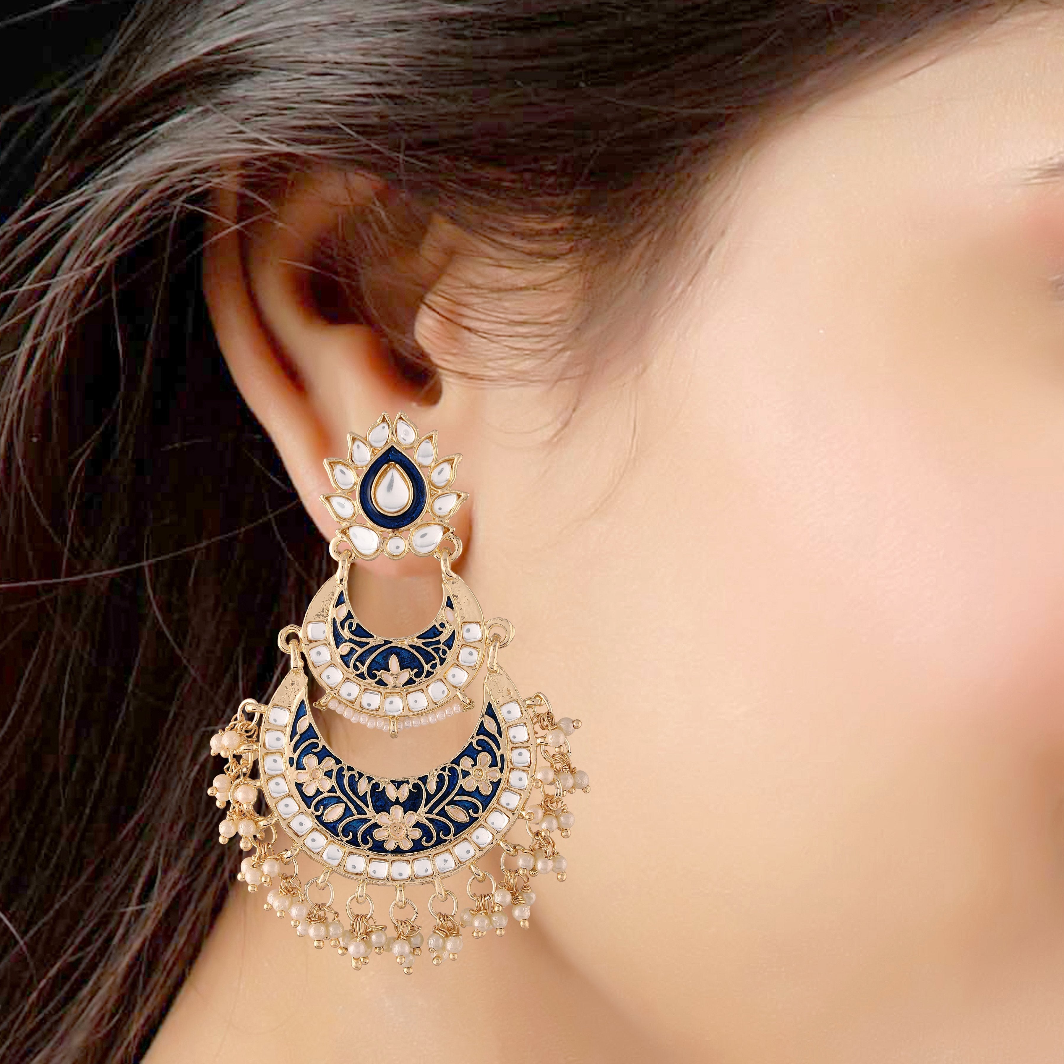 Women's Blue Gold Plated Meenakari Earrings Glided With Kundans & Pearls