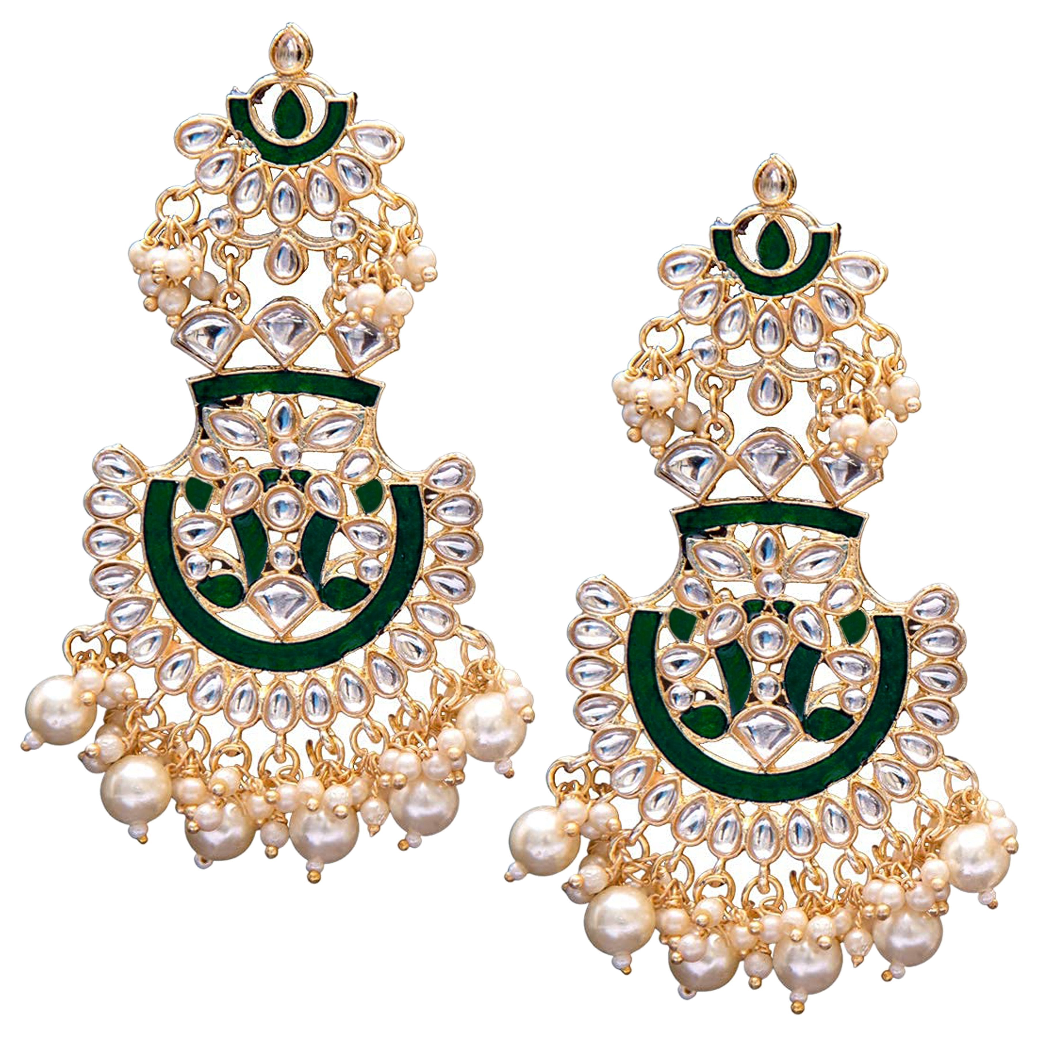 Women's  Gold Plated Green  Meenakari Earrings Glided With Kundans & Pearls