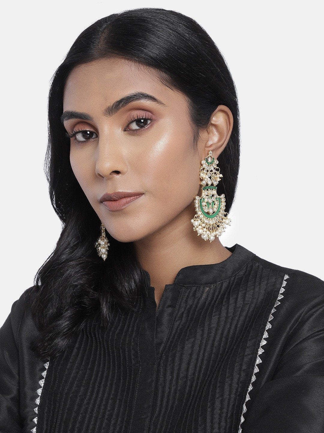 Women's  Gold Plated Green  Meenakari Earrings Glided With Kundans & Pearls