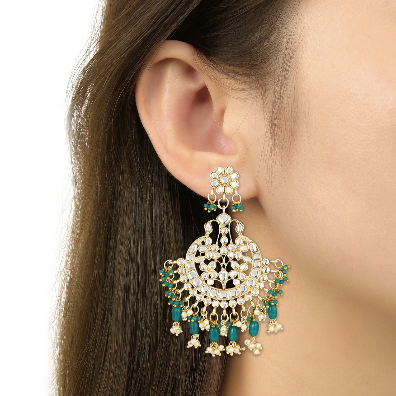 Women's 18K Gold Plated Traditional Handcrafted Pearl Kundan Beaded Earrings (E3013G)