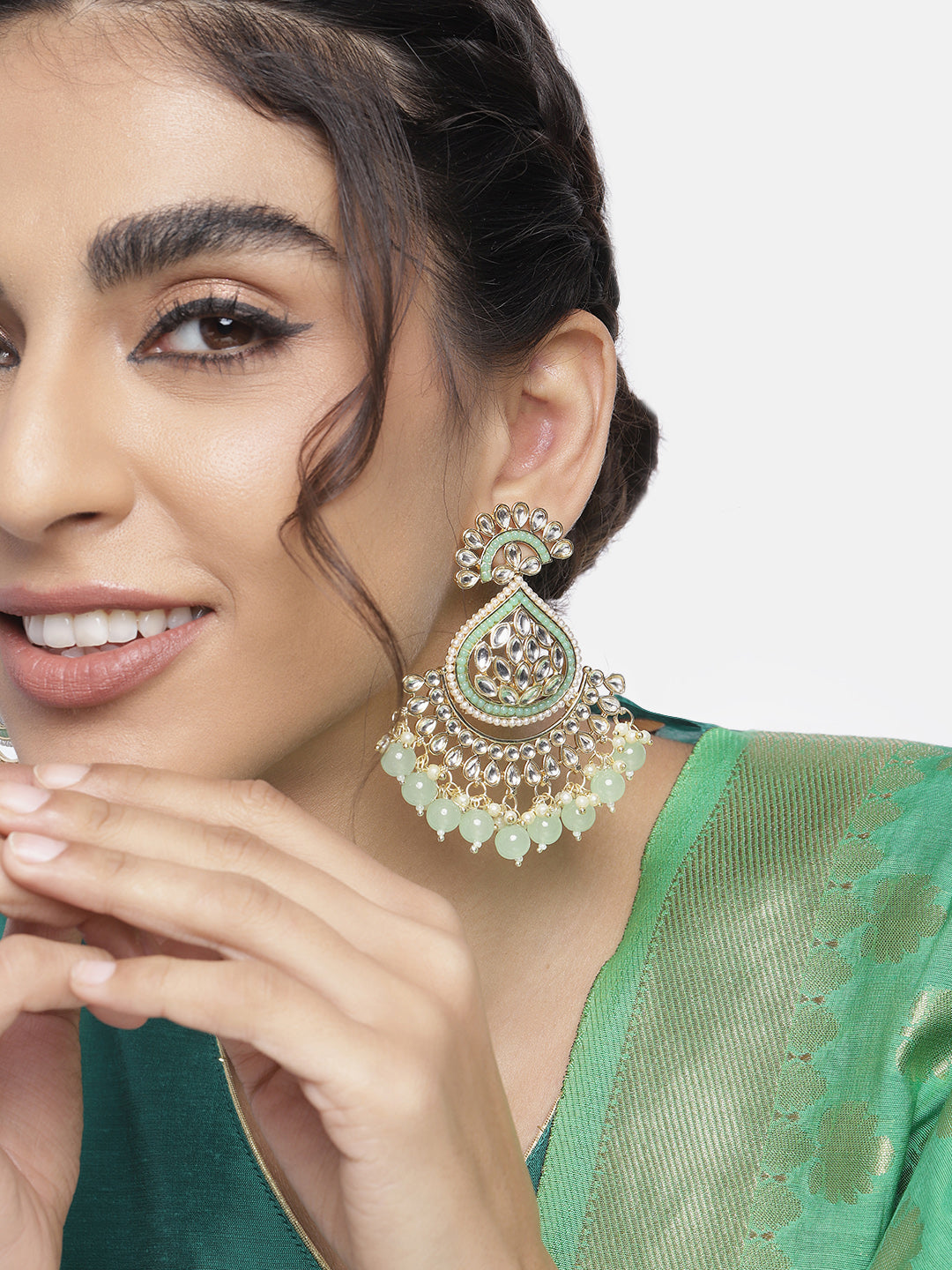 Women's 18K Gold Plated Traditional Handcrafted Pearl Kundan Beaded Earrings (E3015Min)