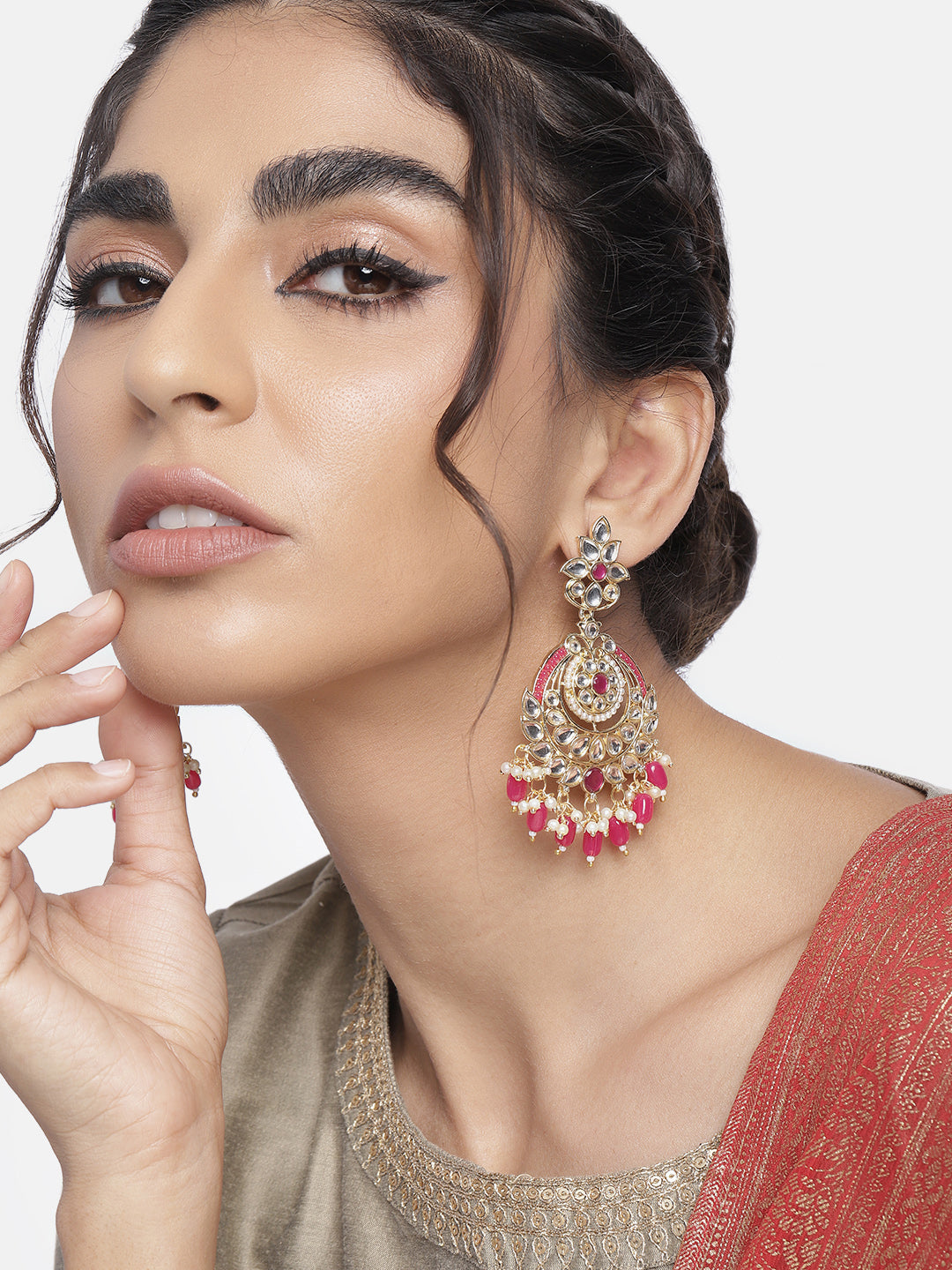 Women's 18K Gold Plated Traditional Handcrafted Pearl Kundan Beaded Earrings (E3019Q)