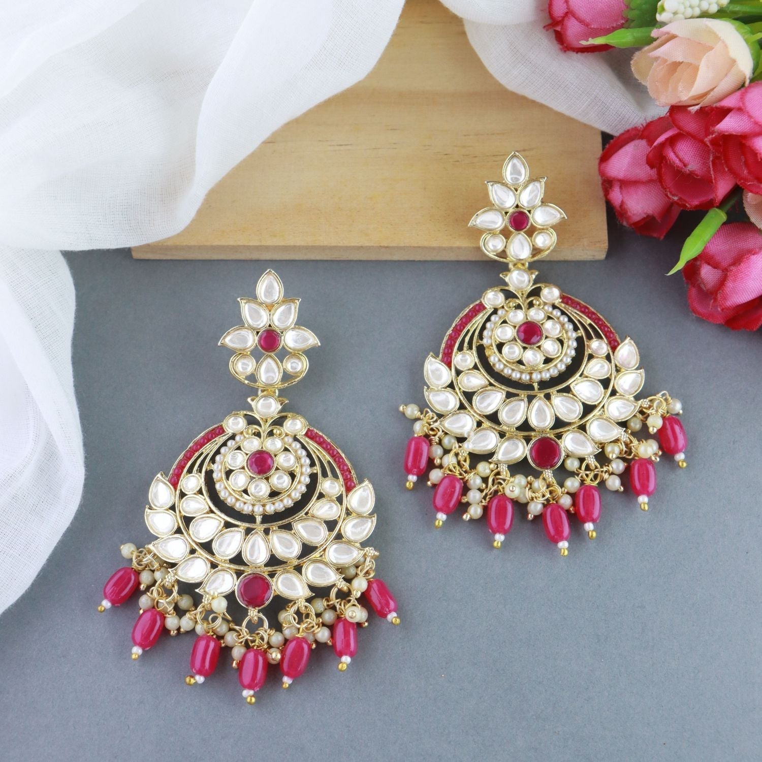 Women's 18K Gold Plated Traditional Handcrafted Pearl Kundan Beaded Earrings (E3019Q)