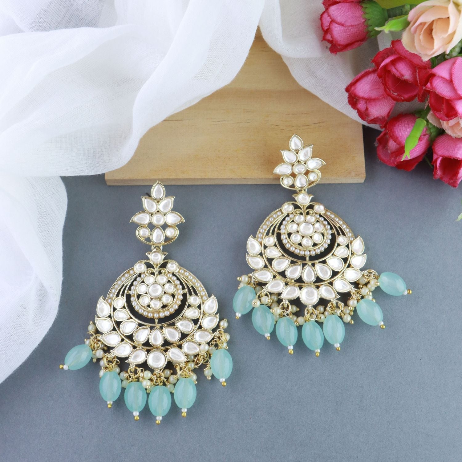 Women's 18K Gold Plated Traditional Handcrafted Pearl Kundan Beaded Earrings (E3020Sb)
