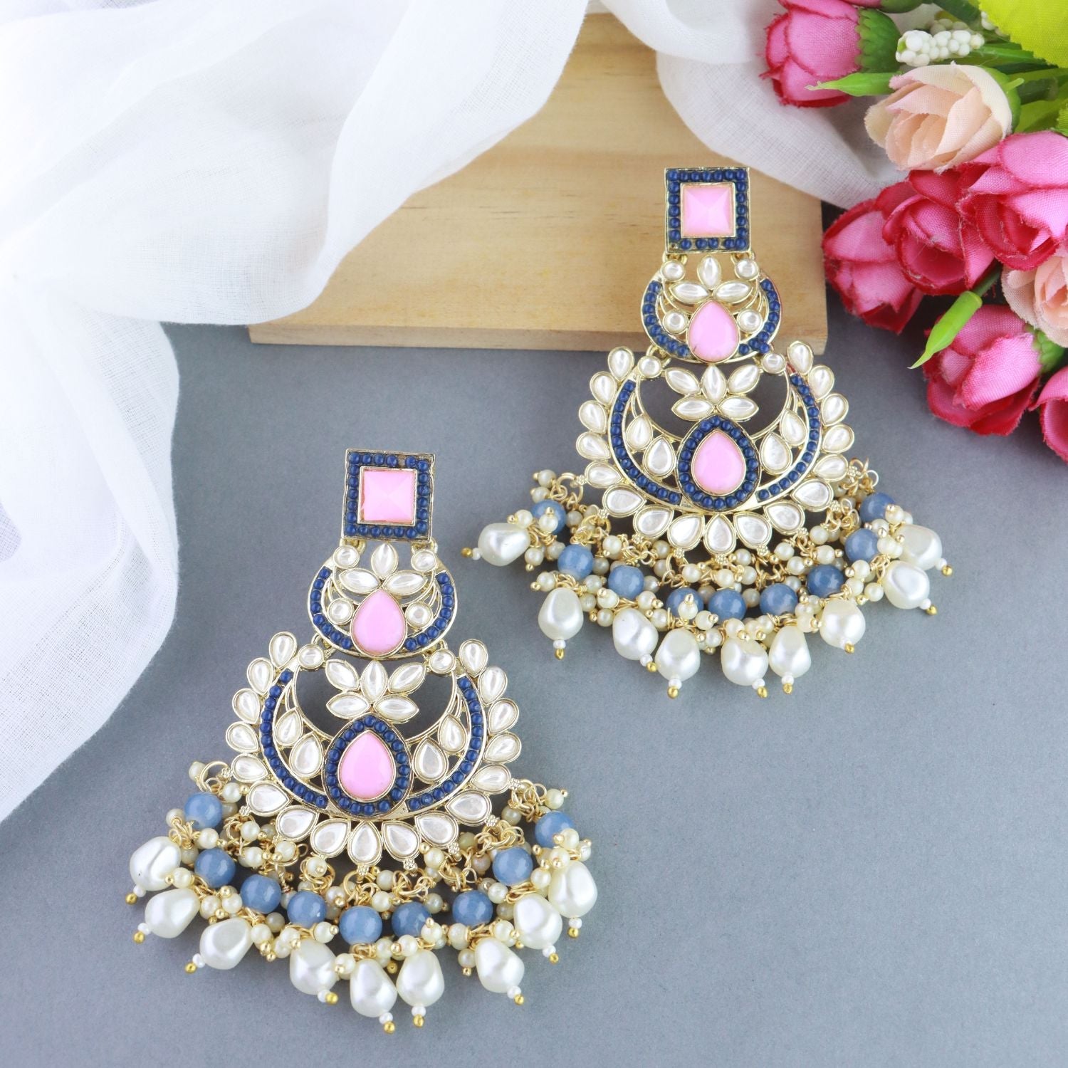 Women's 18K Gold Plated Traditional Handcrafted Pearl Kundan Beaded Earrings (E3021Pemt)