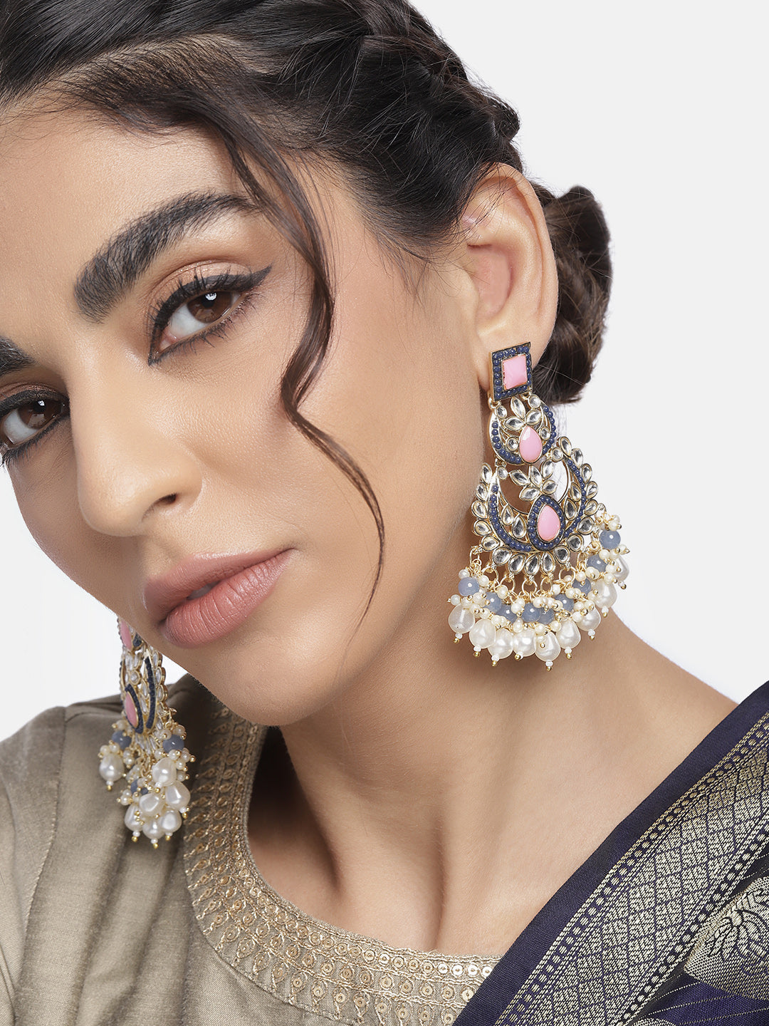 Women's 18K Gold Plated Traditional Handcrafted Pearl Kundan Beaded Earrings (E3021Pemt)