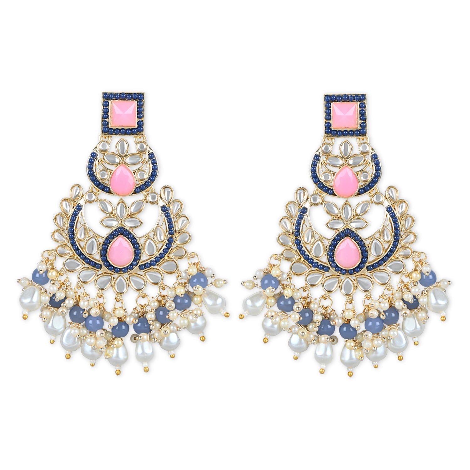 Women's 18K Gold Plated Traditional Handcrafted Pearl Kundan Beaded Earrings (E3021Pemt)