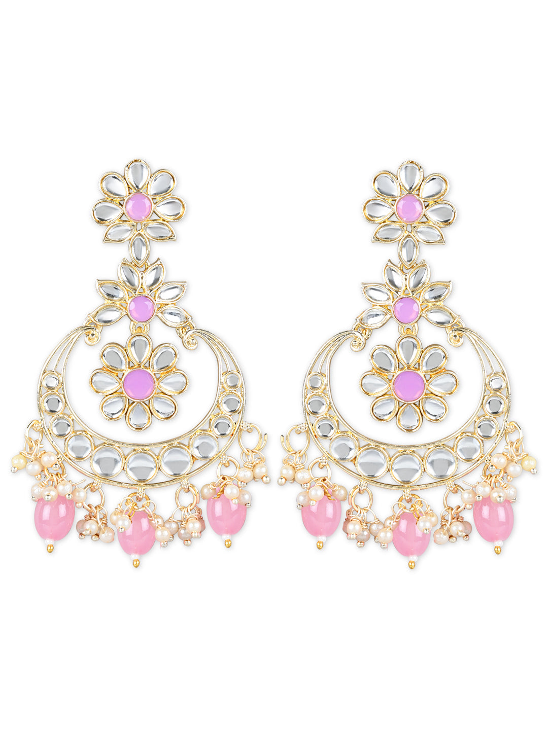 Women's 18K Gold Plated Traditional Handcrafted Pearl Kundan Beaded Earrings (E3023Pi)