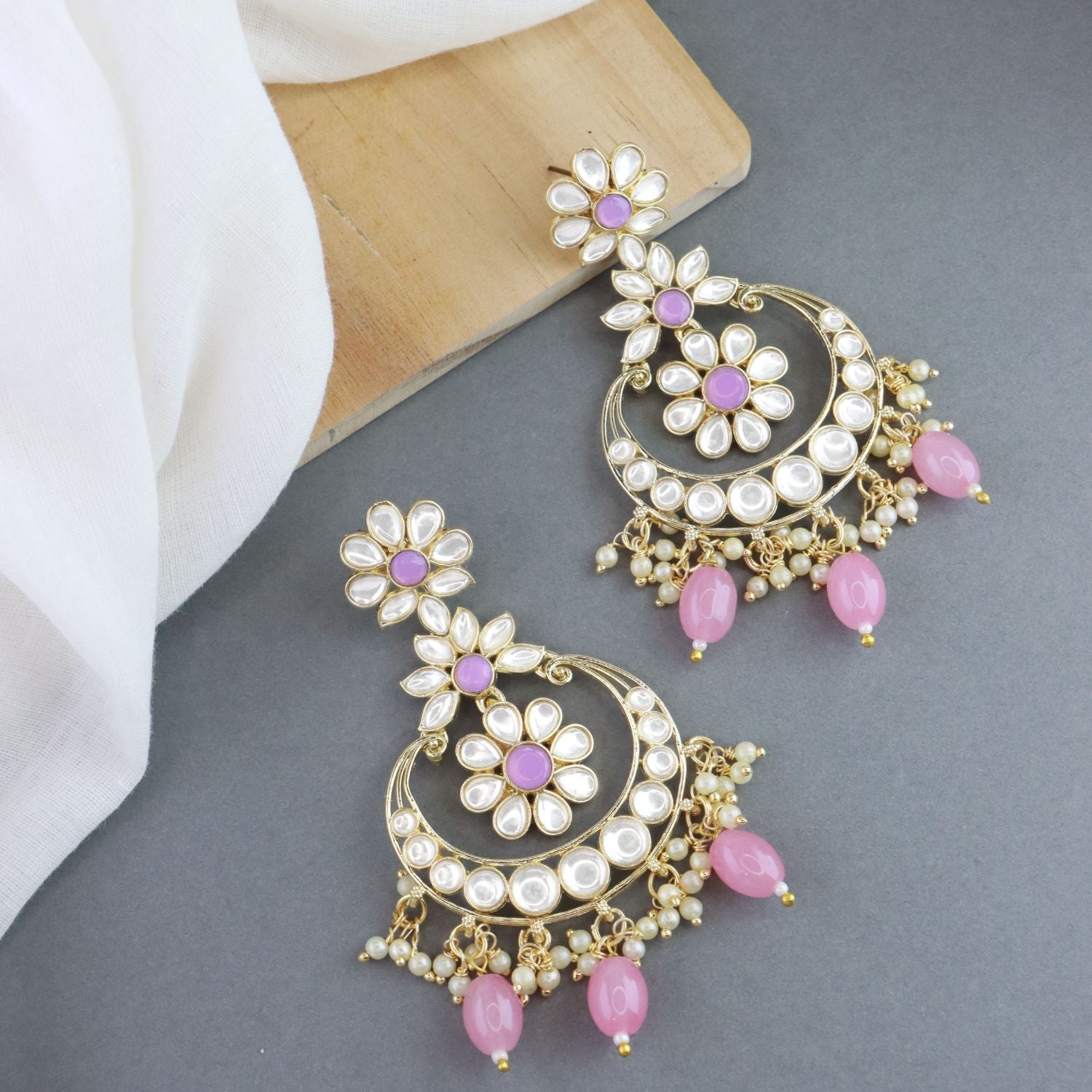 Women's 18K Gold Plated Traditional Handcrafted Pearl Kundan Beaded Earrings (E3023Pi)
