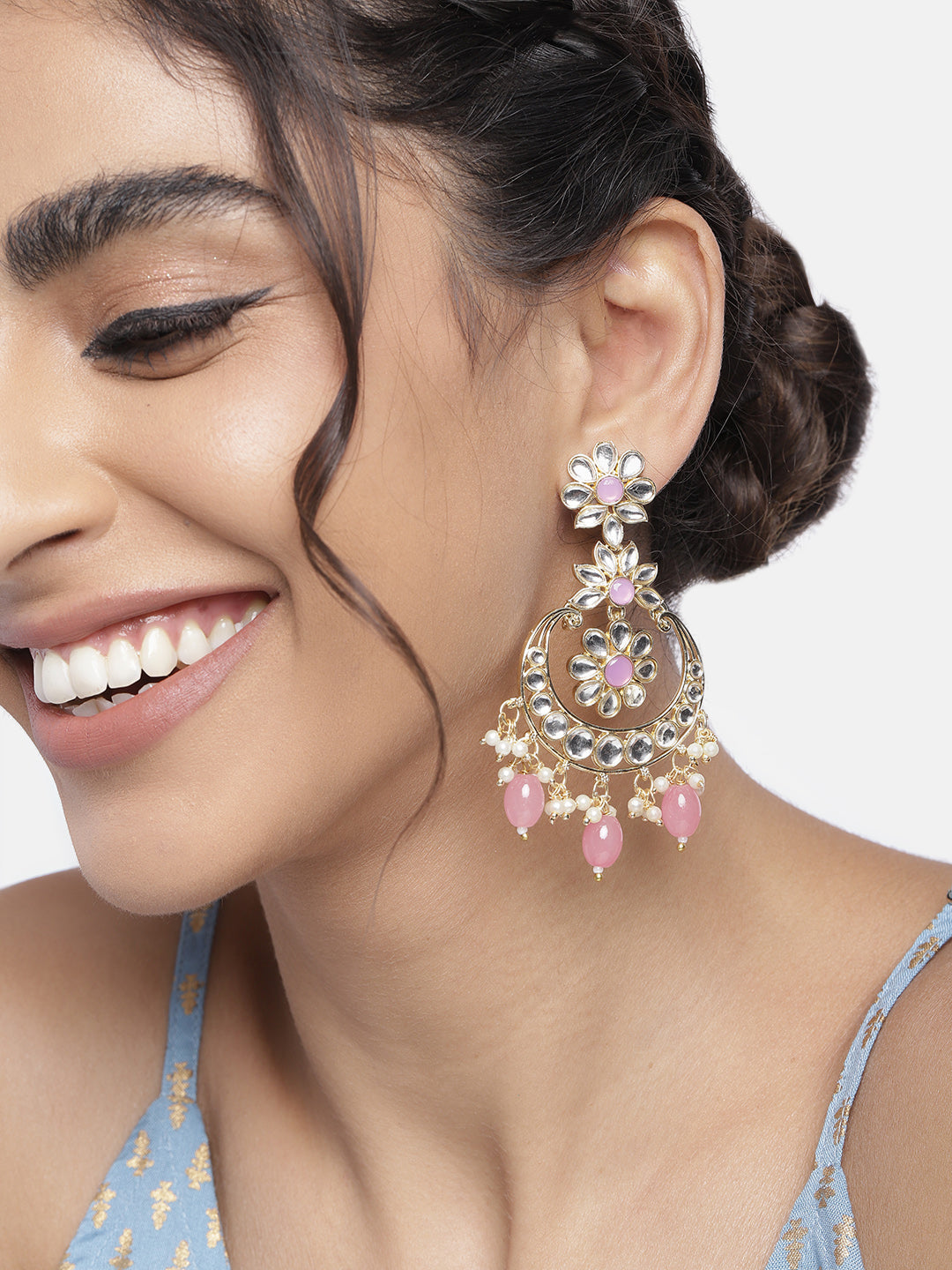Women's 18K Gold Plated Traditional Handcrafted Pearl Kundan Beaded Earrings (E3023Pi)