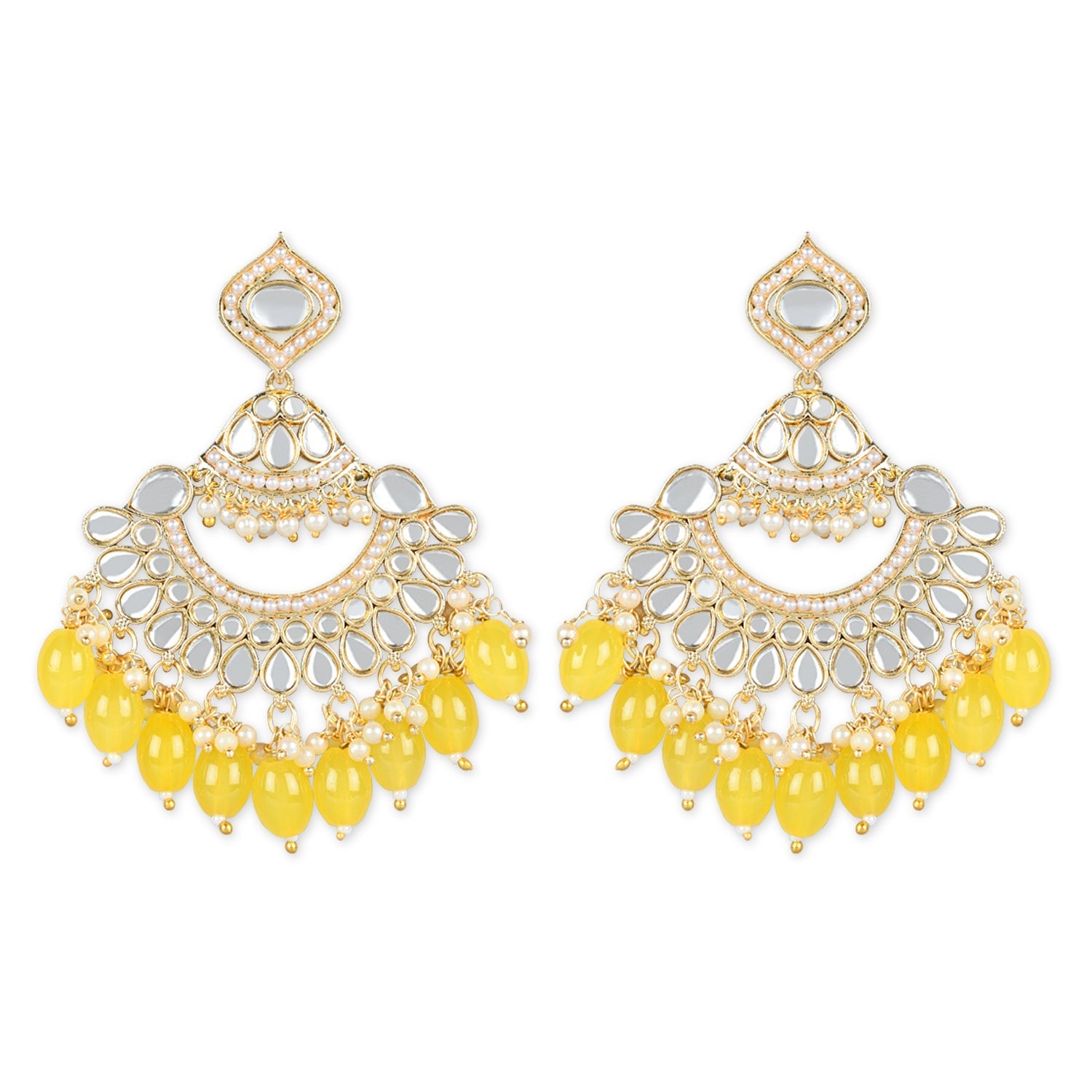 Women's 18K Gold Plated Traditional Handcrafted Pearl Kundan Beaded Earrings (E3025Y)