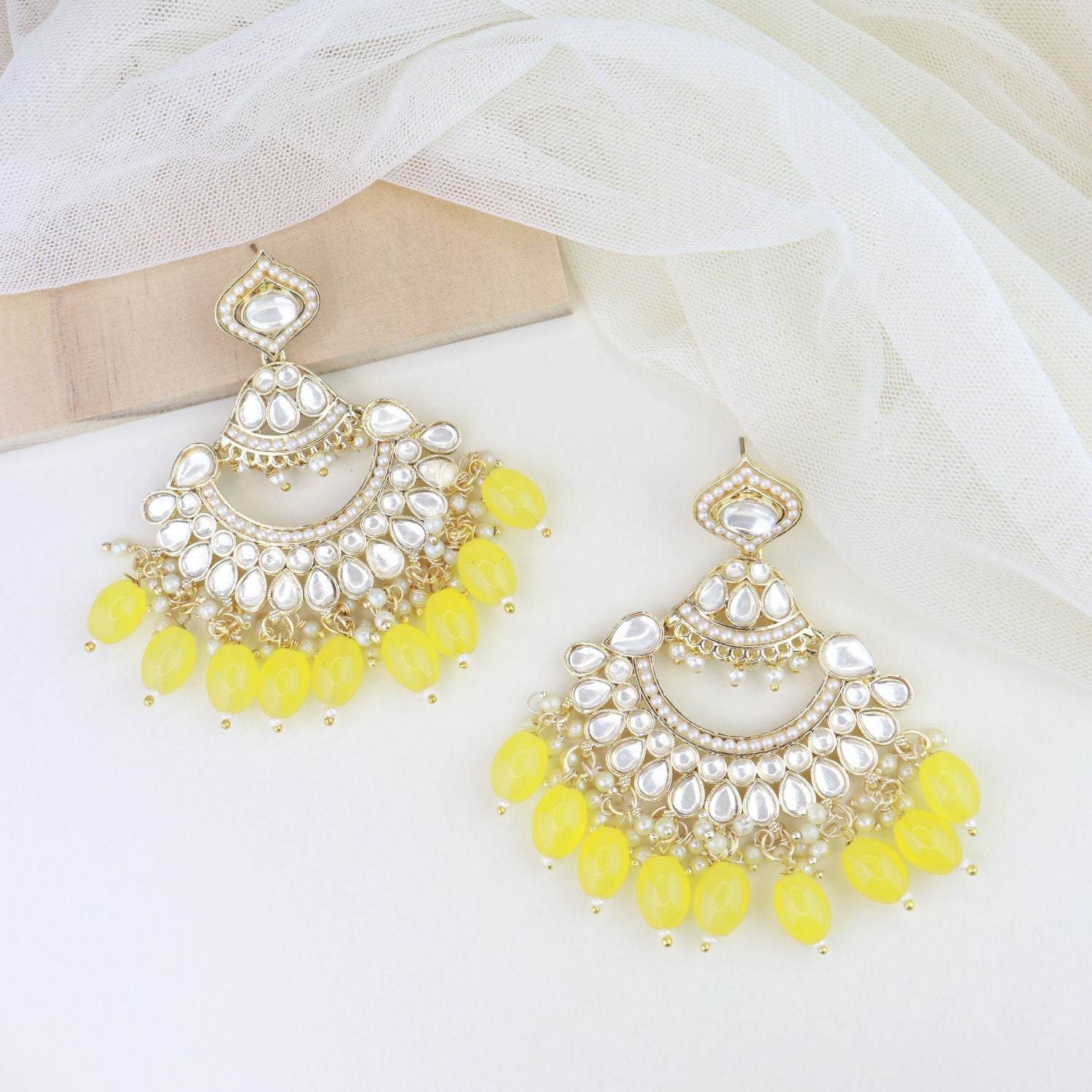 Women's 18K Gold Plated Traditional Handcrafted Pearl Kundan Beaded Earrings (E3025Y)
