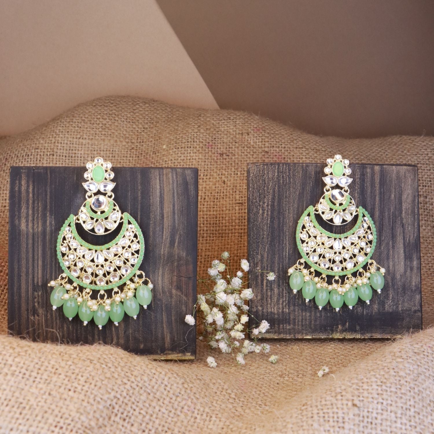 Women's 18K Gold Plated Traditional Handcrafted Pearl Kundan Beaded Chandbali Earrings (E3027Min)