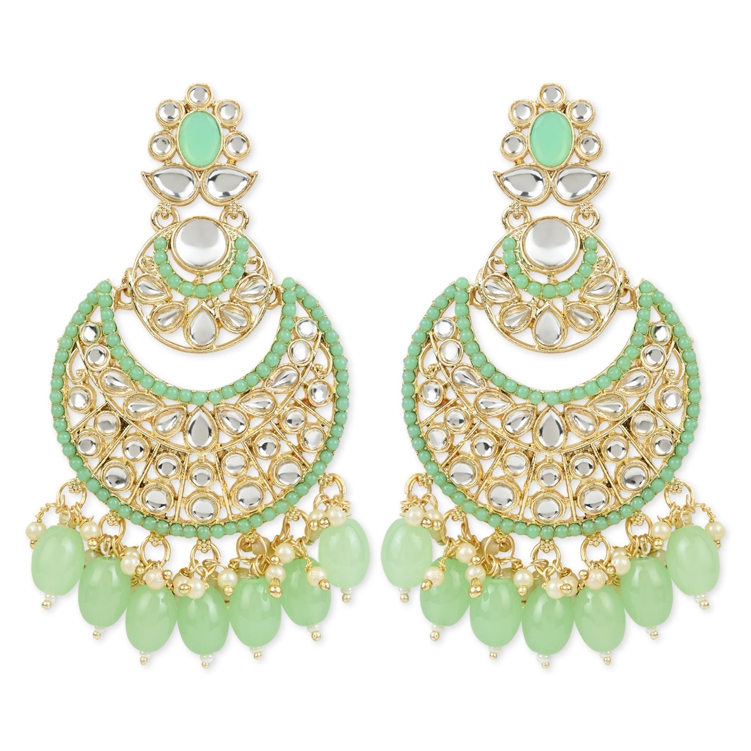 Women's 18K Gold Plated Traditional Handcrafted Pearl Kundan Beaded Chandbali Earrings (E3027Min)