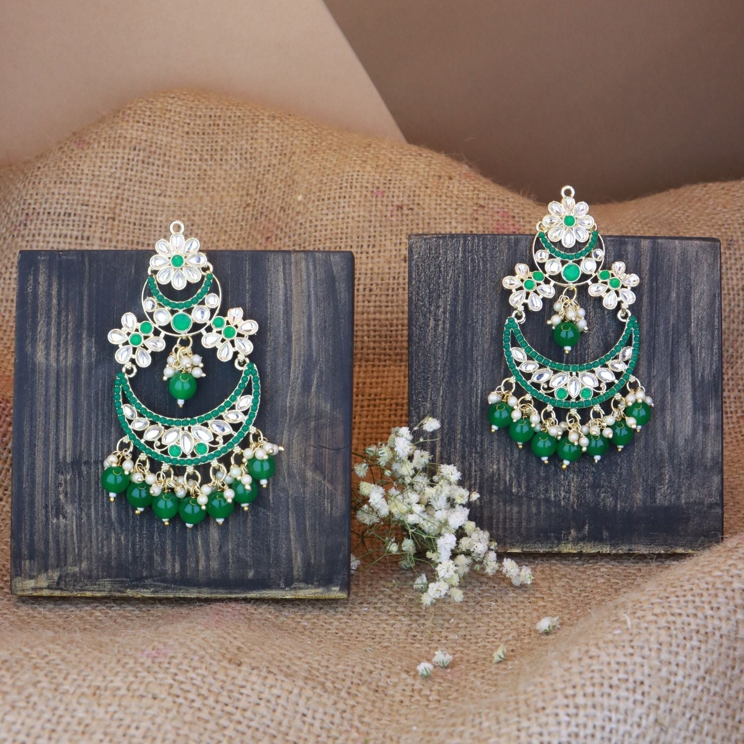 Women's 18K Gold Plated Traditional Handcrafted Pearl Kundan Beaded Chandbali Earrings (E3031G)