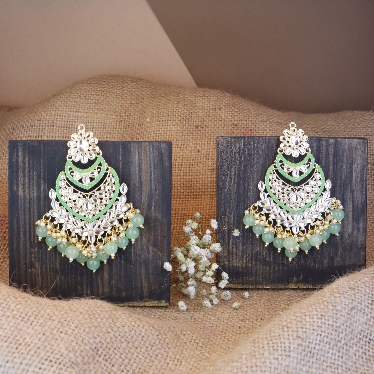 Women's 18K Gold Plated Traditional Handcrafted Pearl Kundan Beaded Chandbali Earrings (E3033Min)