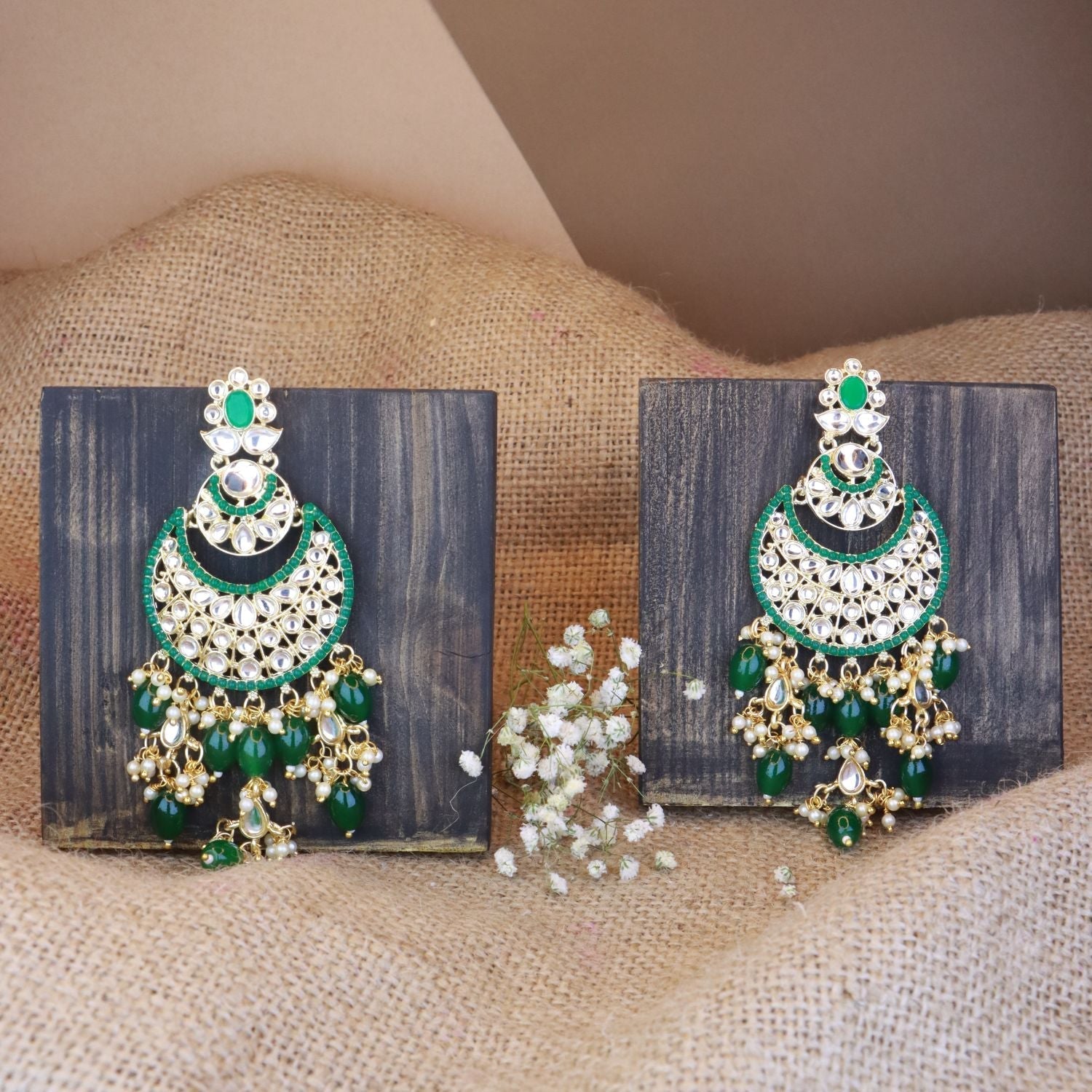 Women's 18K Gold Plated Traditional Handcrafted Pearl Kundan Beaded Chandbali Earrings (E3053G)