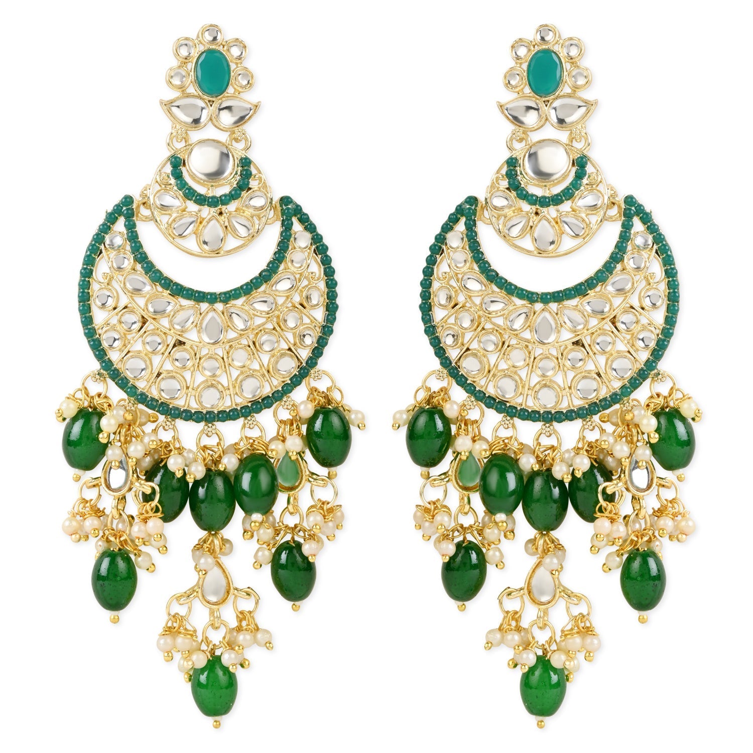 Women's 18K Gold Plated Traditional Handcrafted Pearl Kundan Beaded Chandbali Earrings (E3053G)