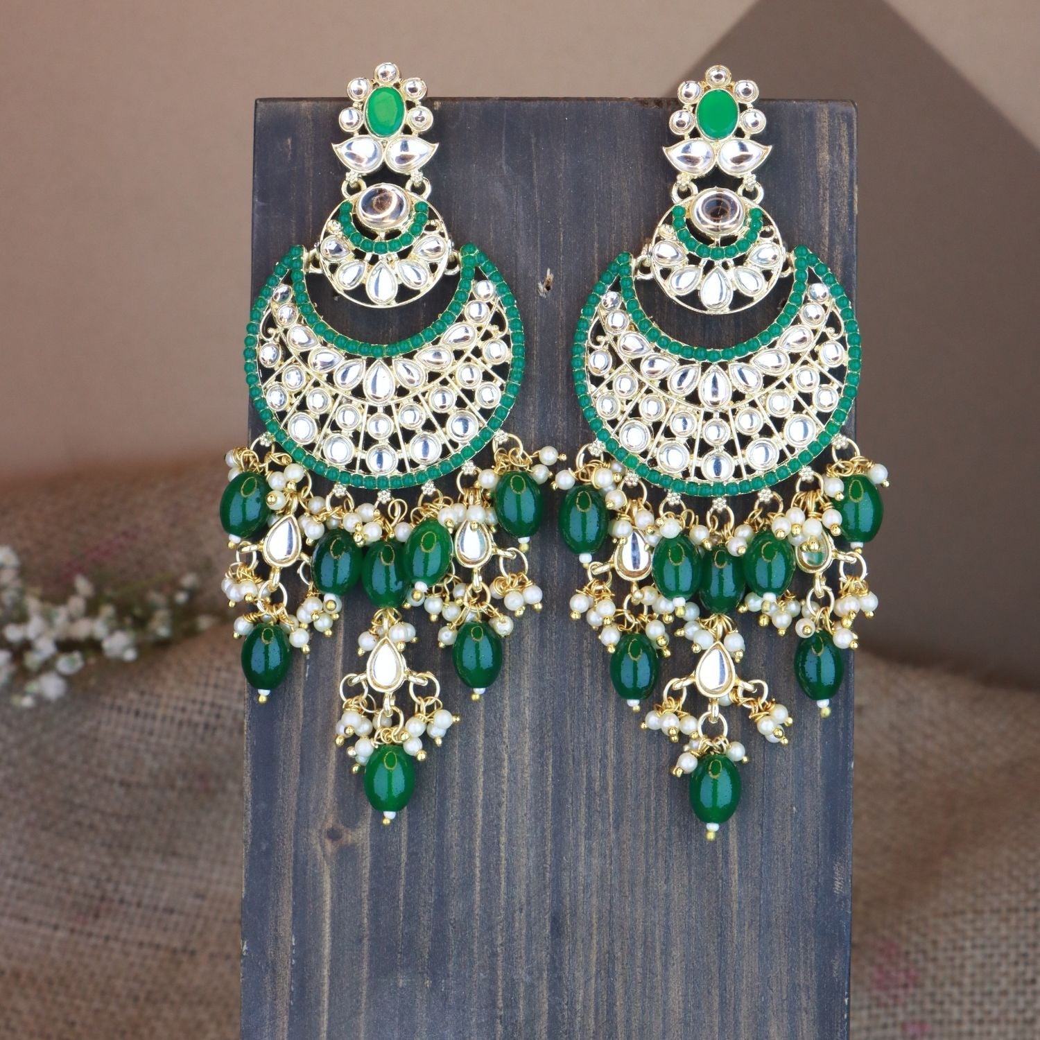 Women's 18K Gold Plated Traditional Handcrafted Pearl Kundan Beaded Chandbali Earrings (E3053G)