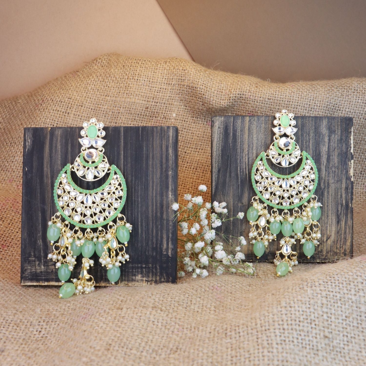 Women's 18K Gold Plated Traditional Handcrafted Pearl Kundan Beaded Chandbali Earrings (E3053Min)