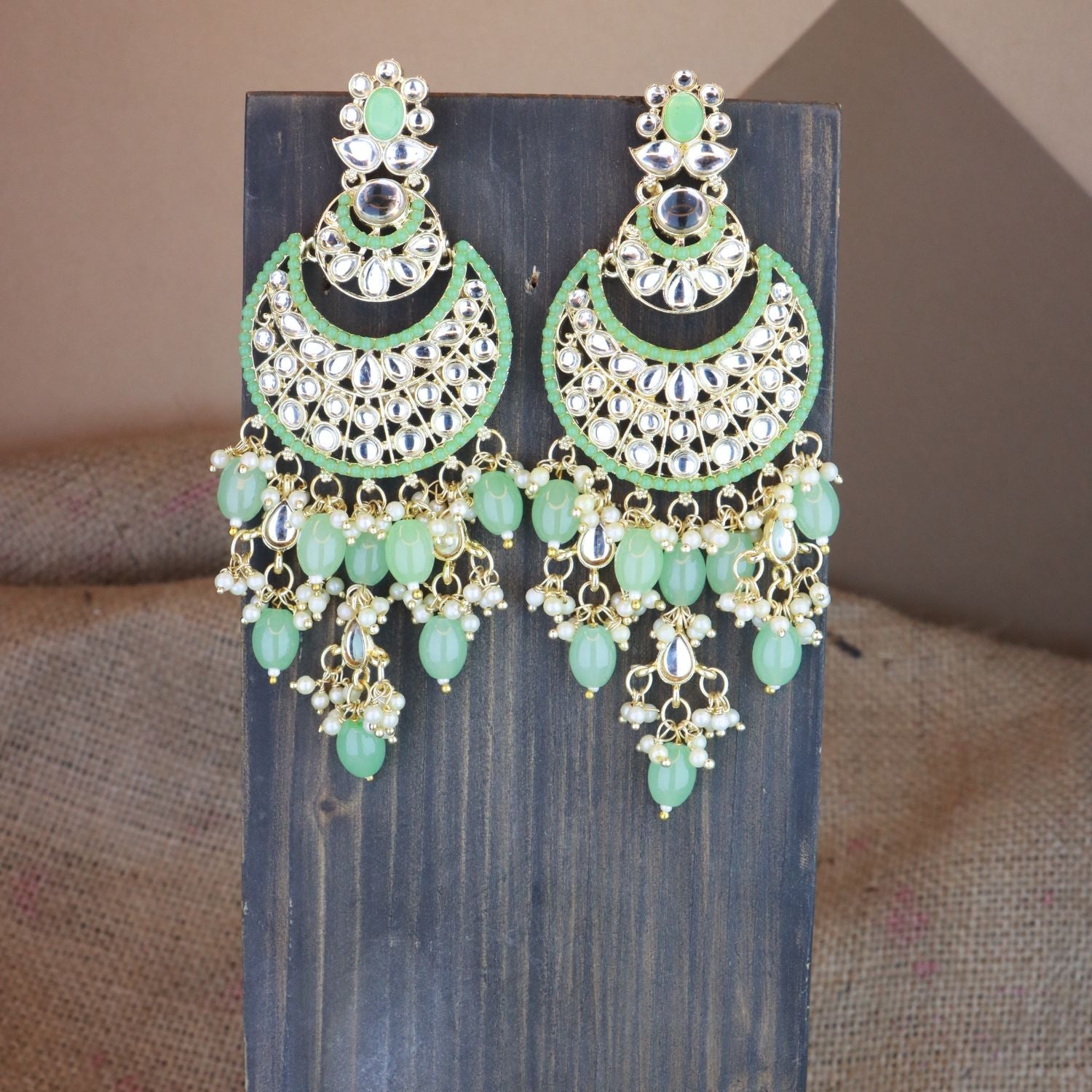 Women's 18K Gold Plated Traditional Handcrafted Pearl Kundan Beaded Chandbali Earrings (E3053Min)