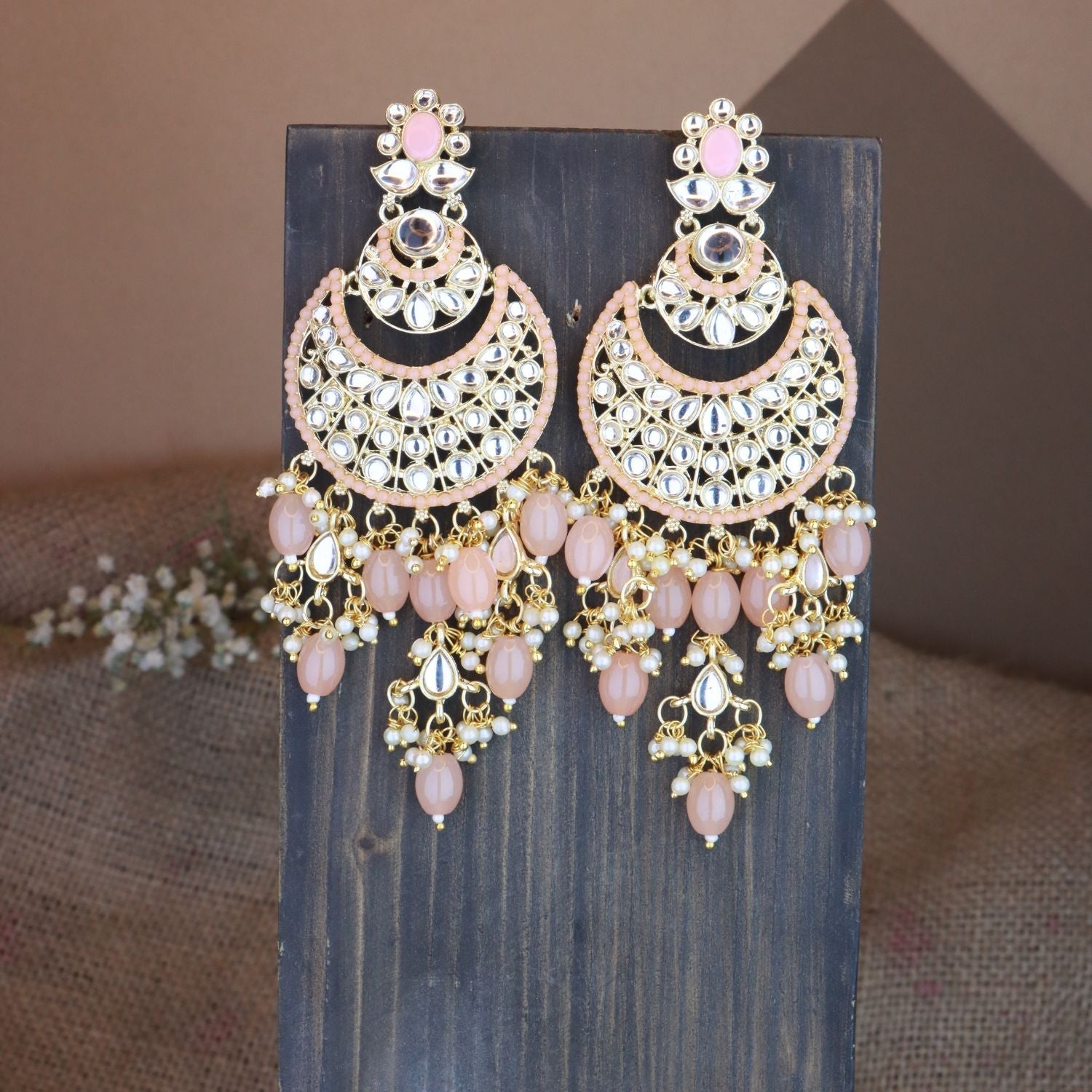 Women's 18K Gold Plated Traditional Handcrafted Pearl Kundan Beaded Chandbali Earrings (E3053Pe)
