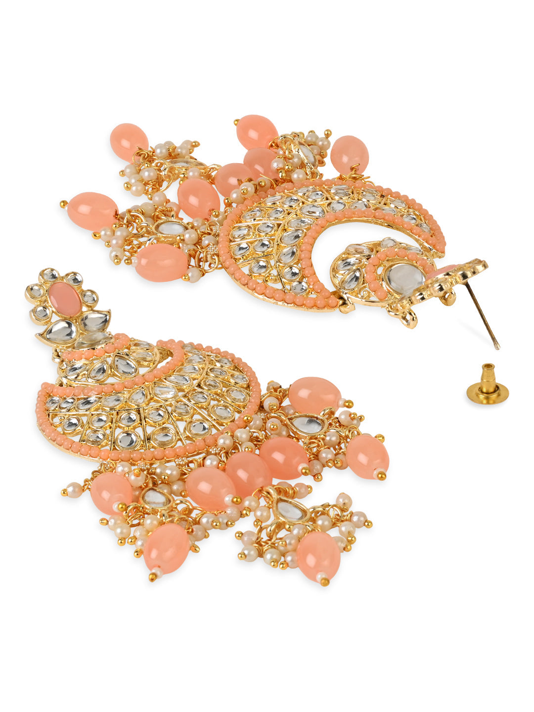Women's 18K Gold Plated Traditional Handcrafted Pearl Kundan Beaded Chandbali Earrings (E3053Pe)