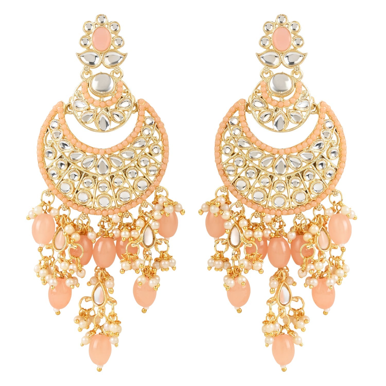 Women's 18K Gold Plated Traditional Handcrafted Pearl Kundan Beaded Chandbali Earrings (E3053Pe)