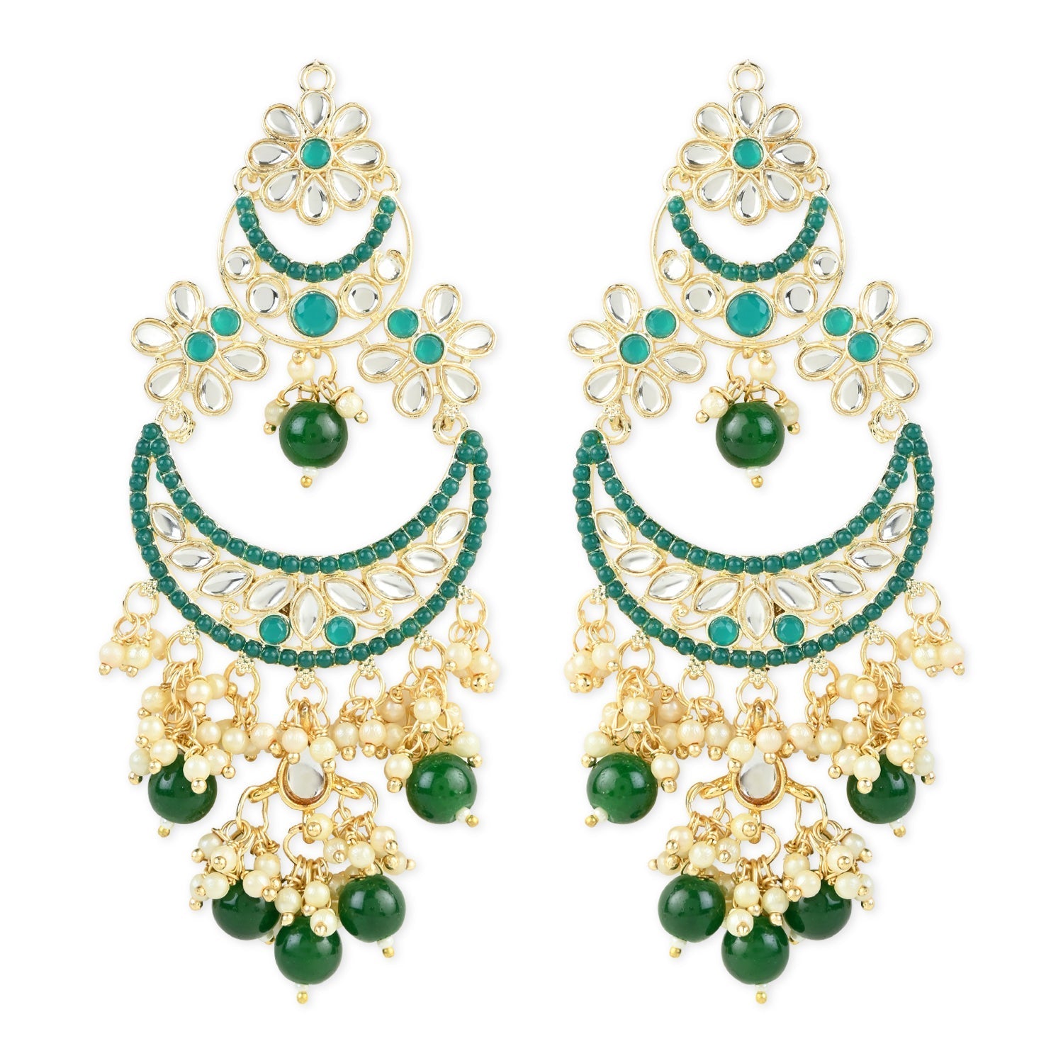 Women's 18K Gold Plated Traditional Handcrafted Pearl Kundan Beaded Chandbali Earrings (E3054G)