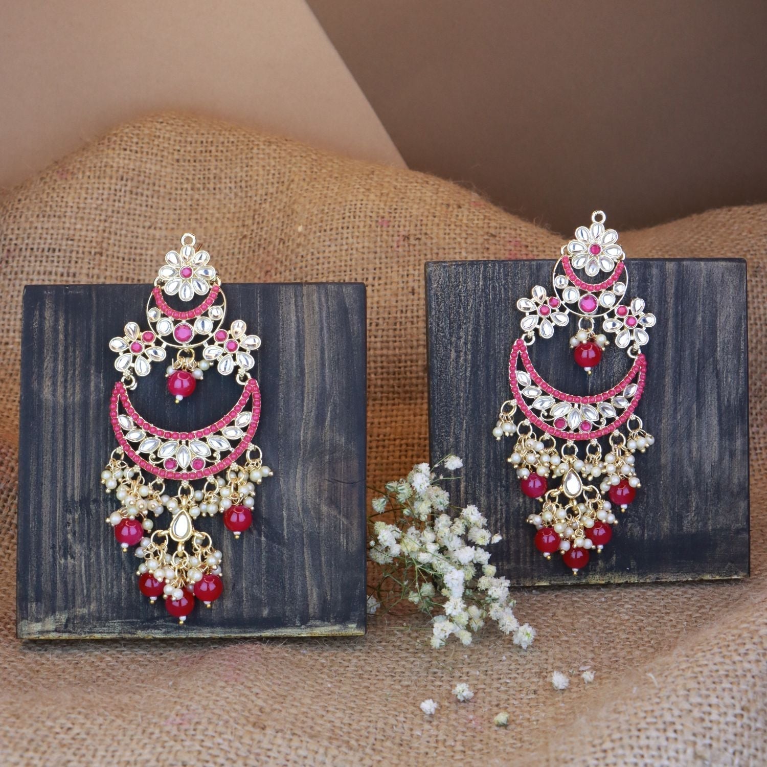 Women's 18K Gold Plated Traditional Handcrafted Pearl Kundan Beaded Chandbali Earrings (E3054Q)