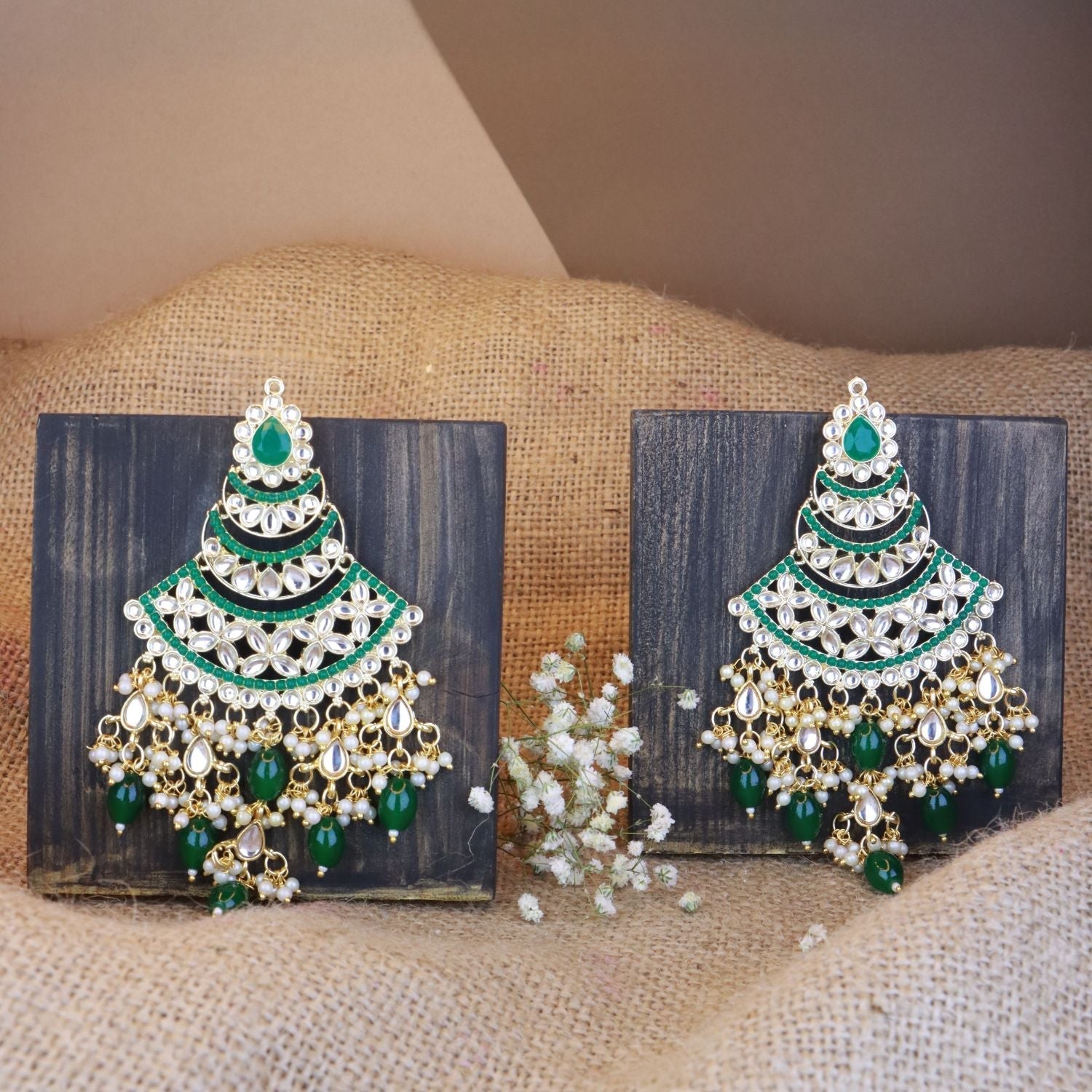Women's 18K Gold Plated Traditional Handcrafted Pearl Kundan Beaded Chandbali Earrings (E3055G)