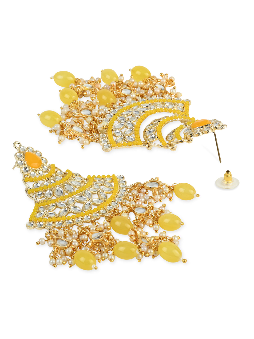 Women's 18K Gold Plated Traditional Handcrafted Pearl Kundan Beaded Chandbali Earrings (E3055Y)