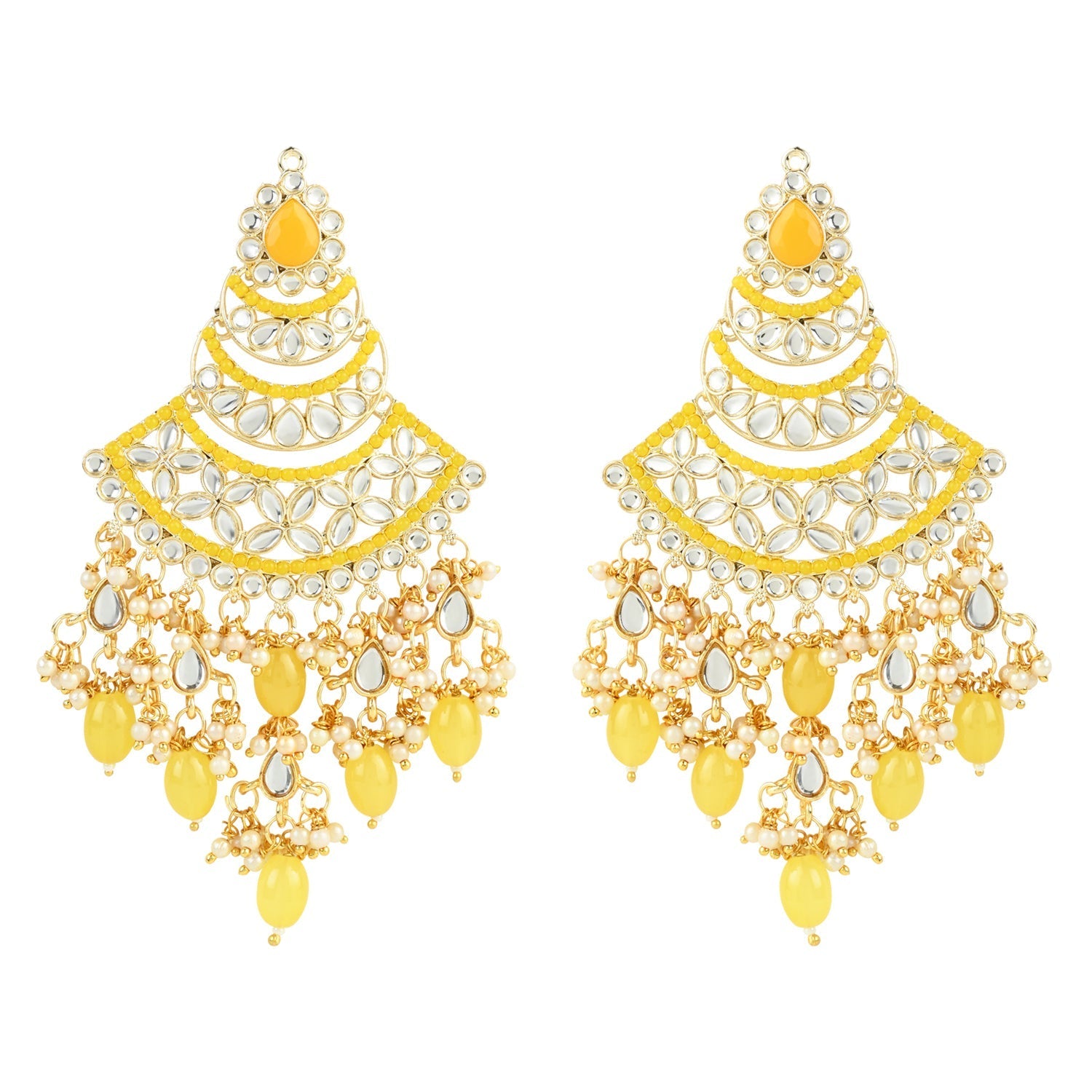 Women's 18K Gold Plated Traditional Handcrafted Pearl Kundan Beaded Chandbali Earrings (E3055Y)