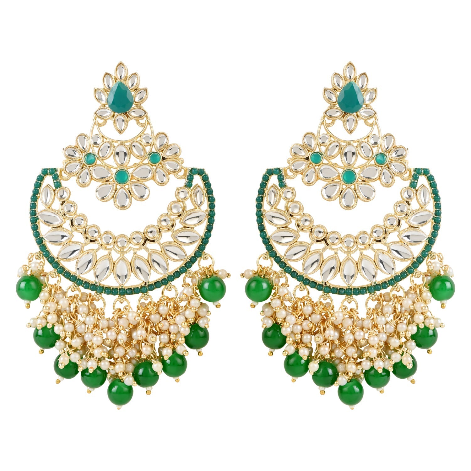 Women's 18K Gold Plated Traditional Pearl Kundan Beaded Chandbali Earrings (E3056G)