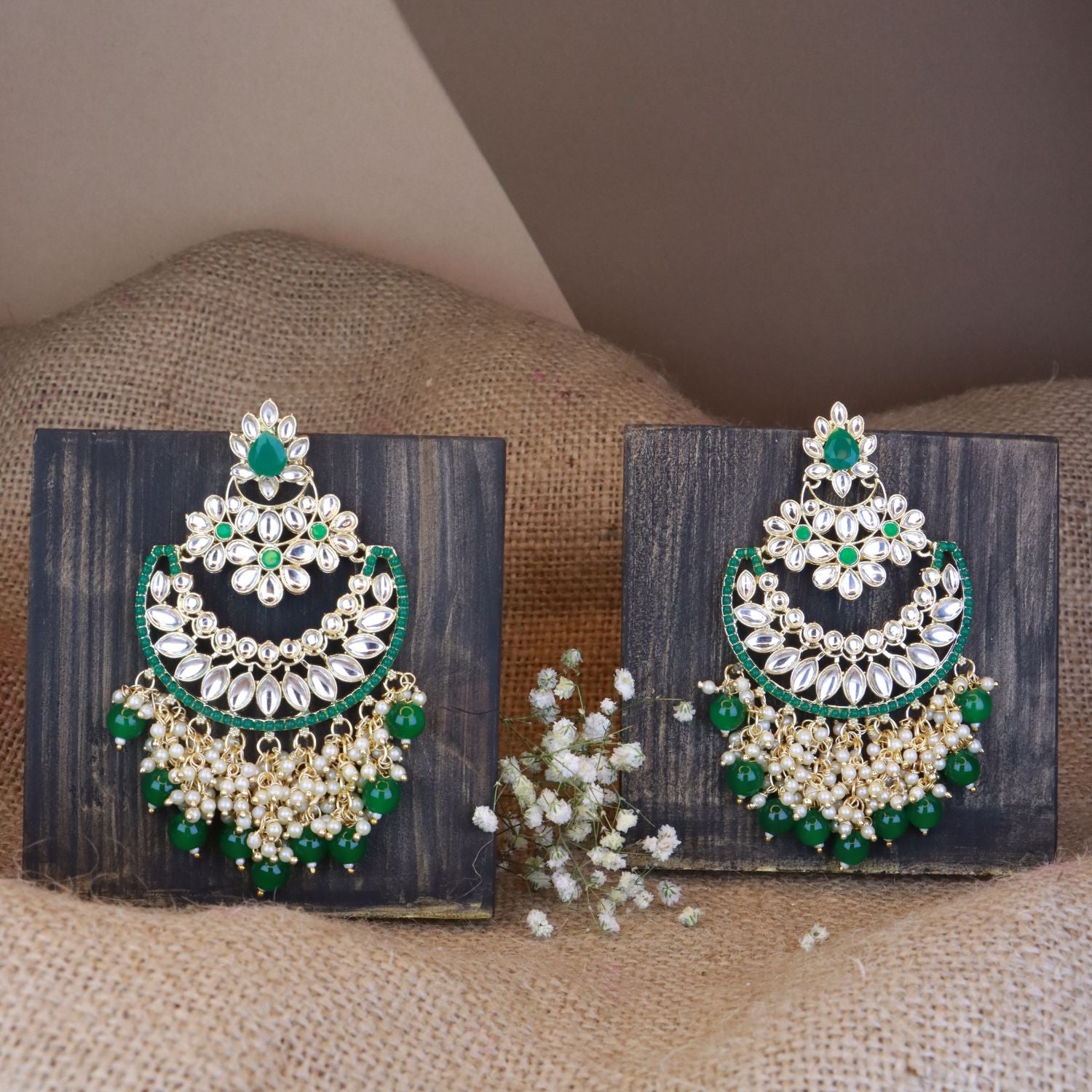 Women's 18K Gold Plated Traditional Pearl Kundan Beaded Chandbali Earrings (E3056G)