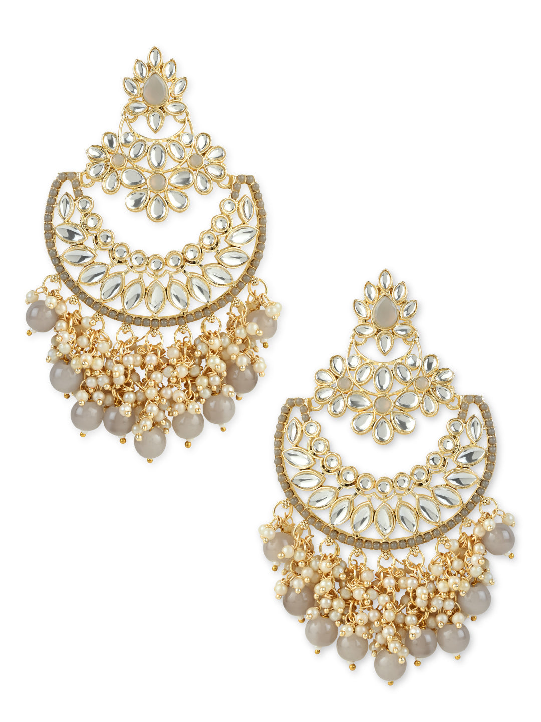 Women's 18K Gold Plated Traditional Pearl Kundan Beaded Chandbali Earrings (E3056Gr)