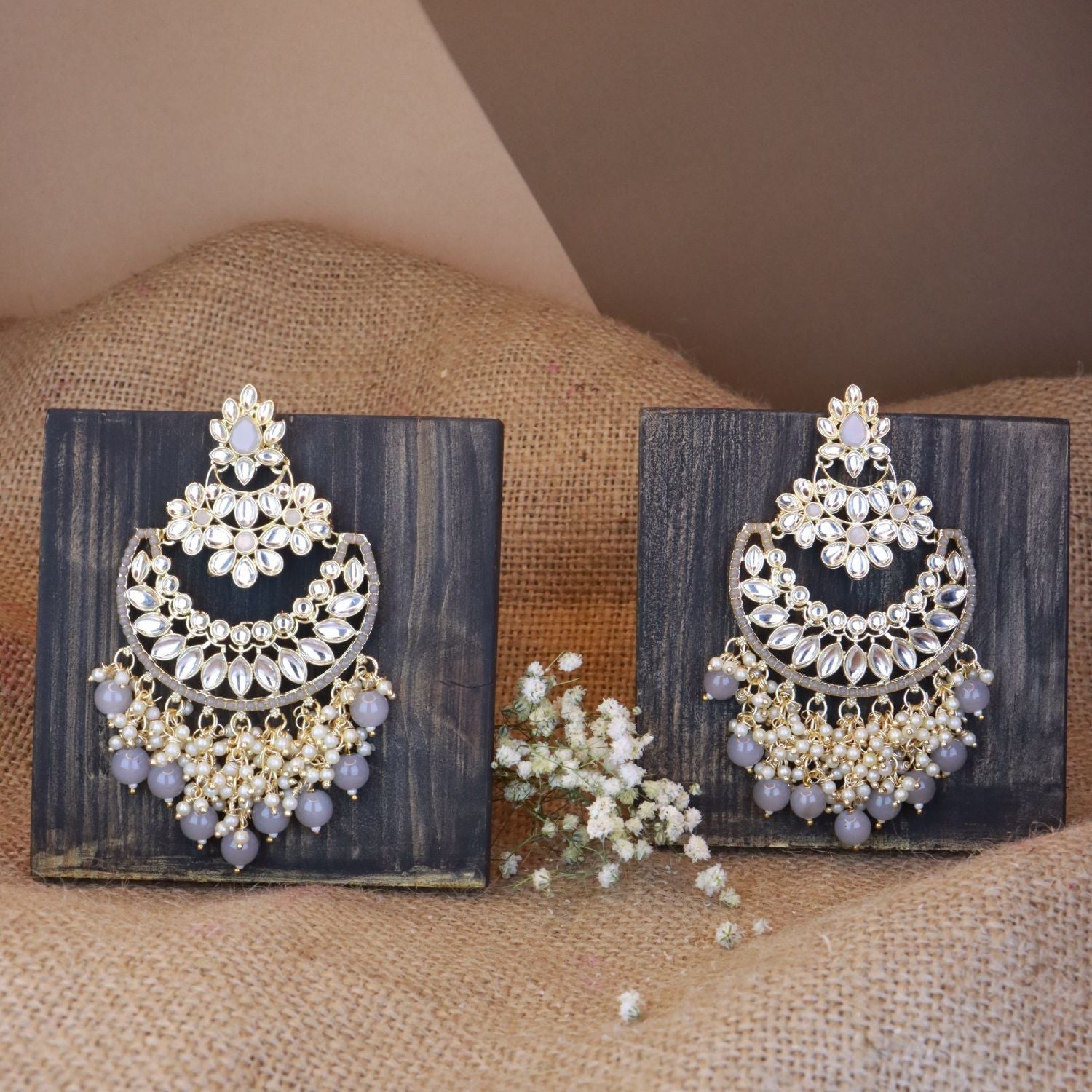 Women's 18K Gold Plated Traditional Pearl Kundan Beaded Chandbali Earrings (E3056Gr)