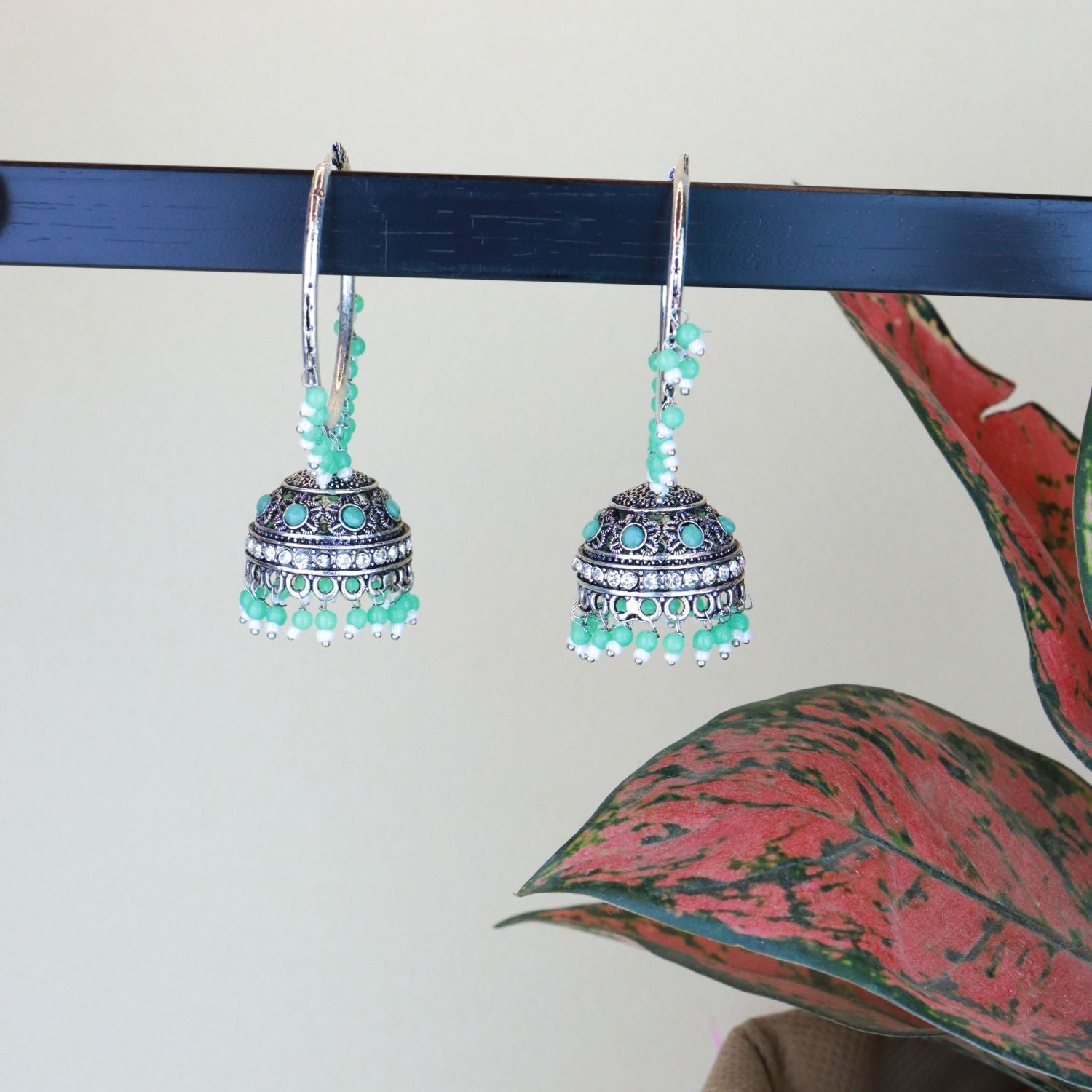 Women's Silver Plated Traditional Handcrafted Mint Pearl Jhumki Earrings (E3060Zmin)