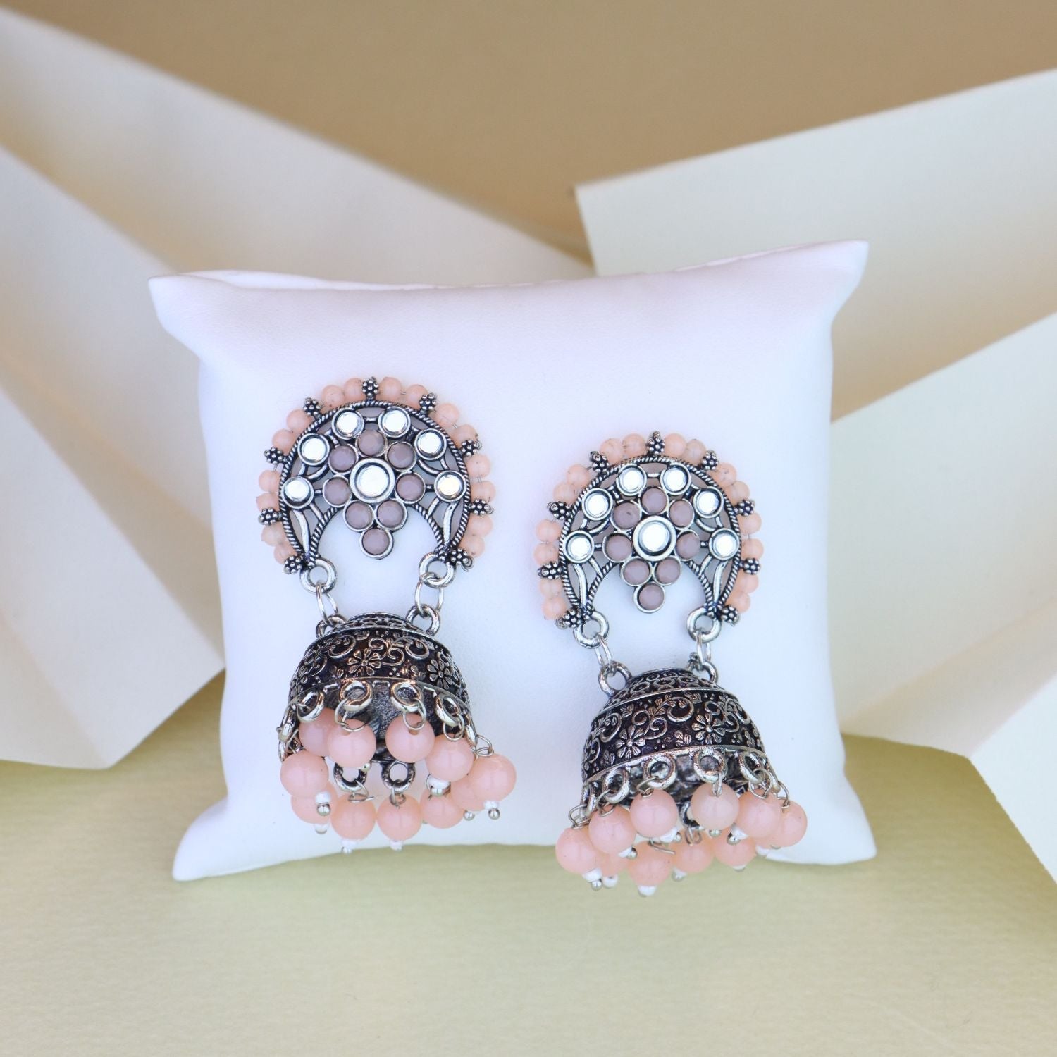 Women's 18K Silver Oxidised Traditional Peach Kundan & Stone Studded Jhumka Earrings (E3061Zpe)