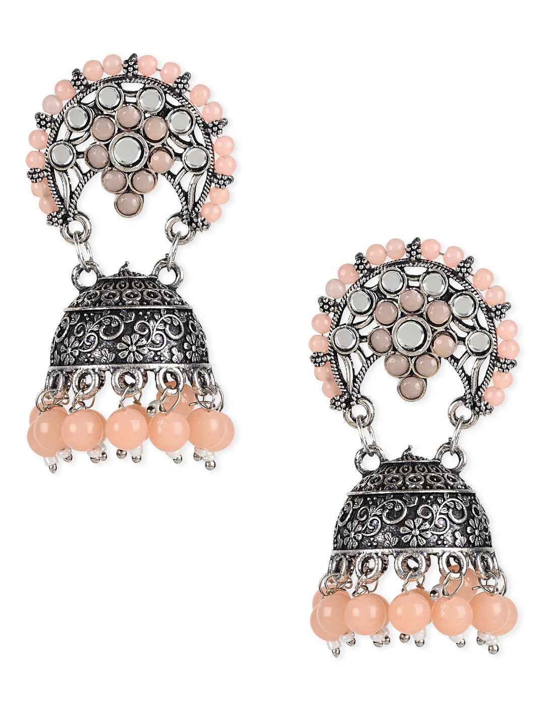 Women's 18K Silver Oxidised Traditional Peach Kundan & Stone Studded Jhumka Earrings (E3061Zpe)